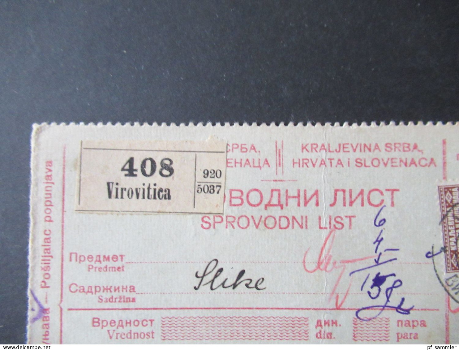 Jugoslawien 1928 Postanweisung Sprovodni List Stempel Virovitica Rückseitig Weitere Stempel Murska Sobota - Cartas & Documentos