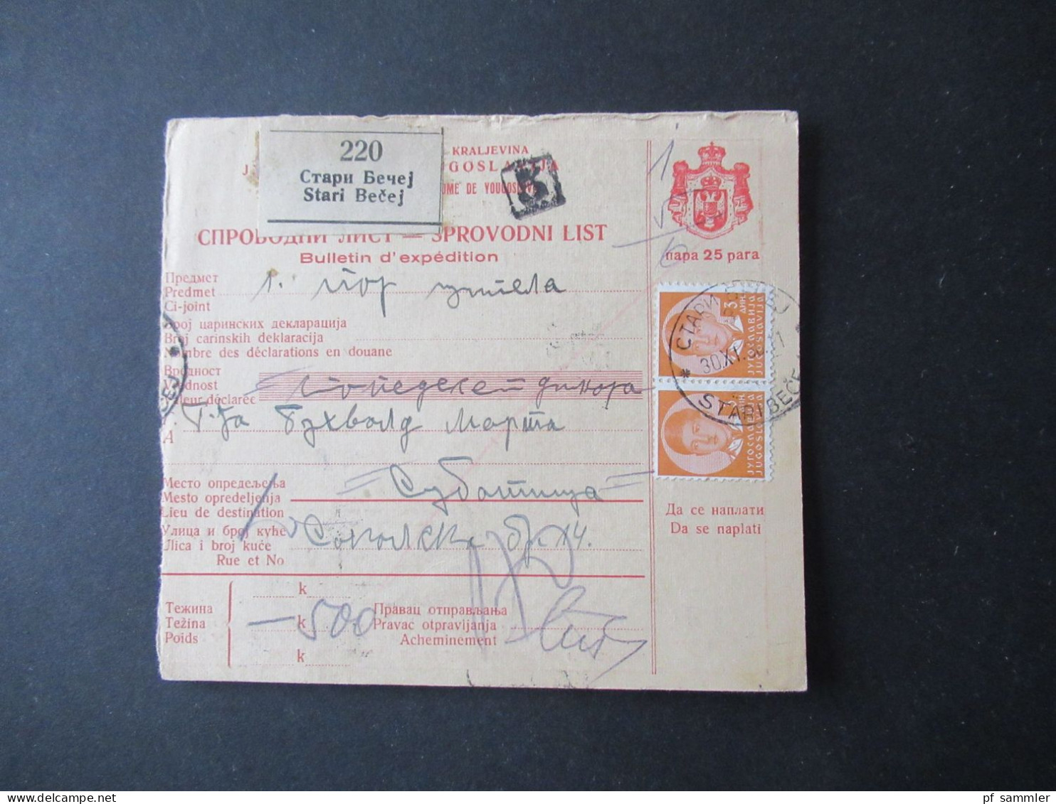 Jugoslawien 1938 König Peter MeF Paketkarte Stempel Und Zettel Stari Becej Rückseitig Weitere Stempel - Lettres & Documents