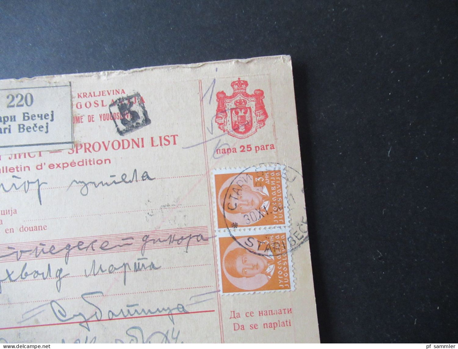 Jugoslawien 1938 König Peter MeF Paketkarte Stempel Und Zettel Stari Becej Rückseitig Weitere Stempel - Lettres & Documents