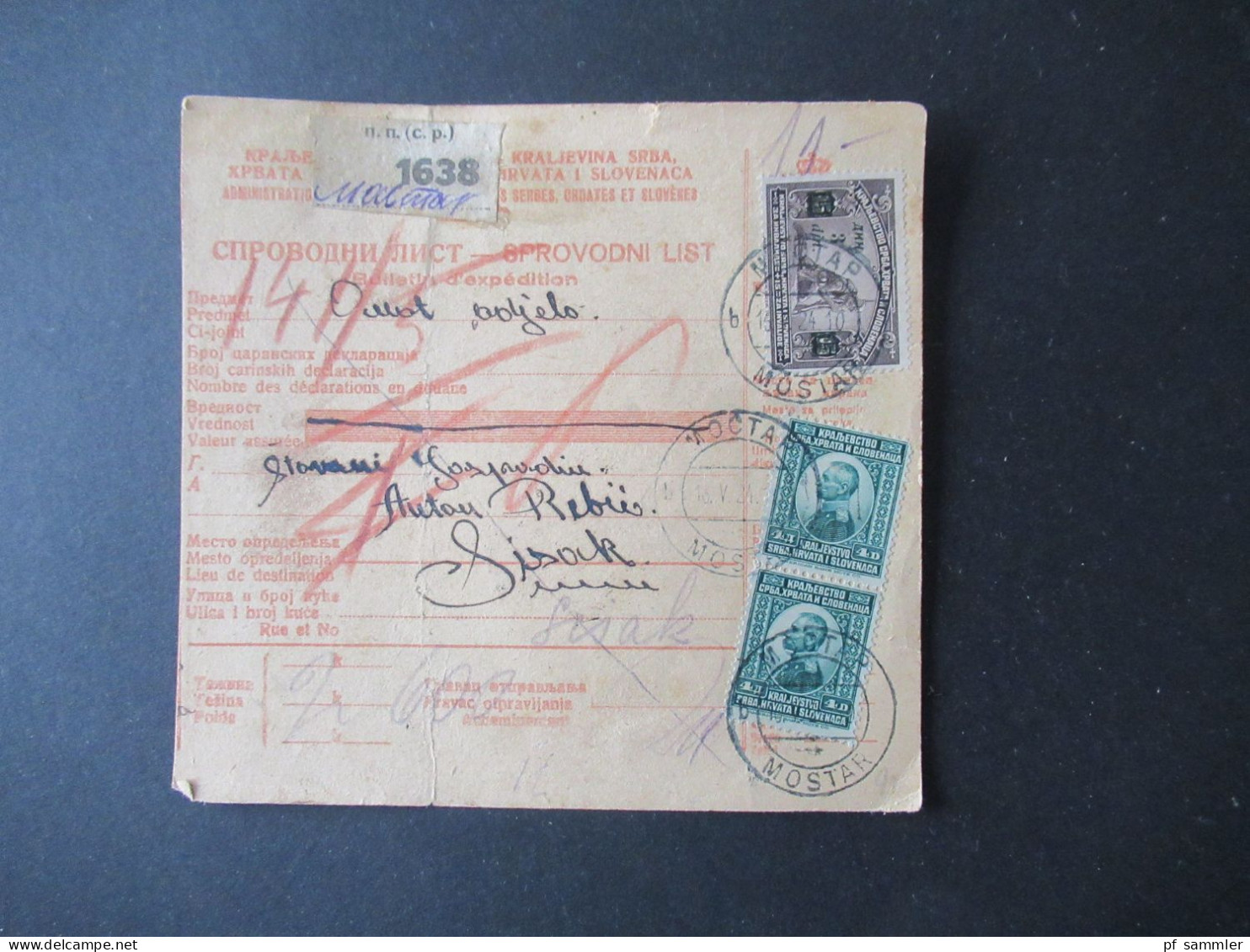 Jugoslawien 1924 Paketkarte Stempel Und Zettel Handschriftlich Mostar Rückseitig Weitere Stempel Sisak 1 - Storia Postale