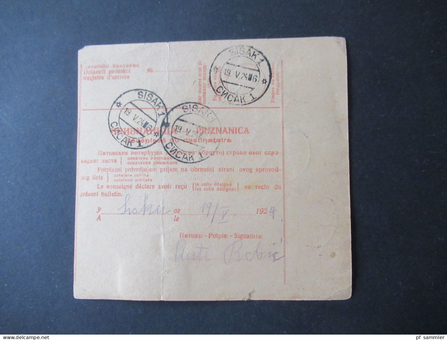 Jugoslawien 1924 Paketkarte Stempel Und Zettel Handschriftlich Mostar Rückseitig Weitere Stempel Sisak 1 - Briefe U. Dokumente