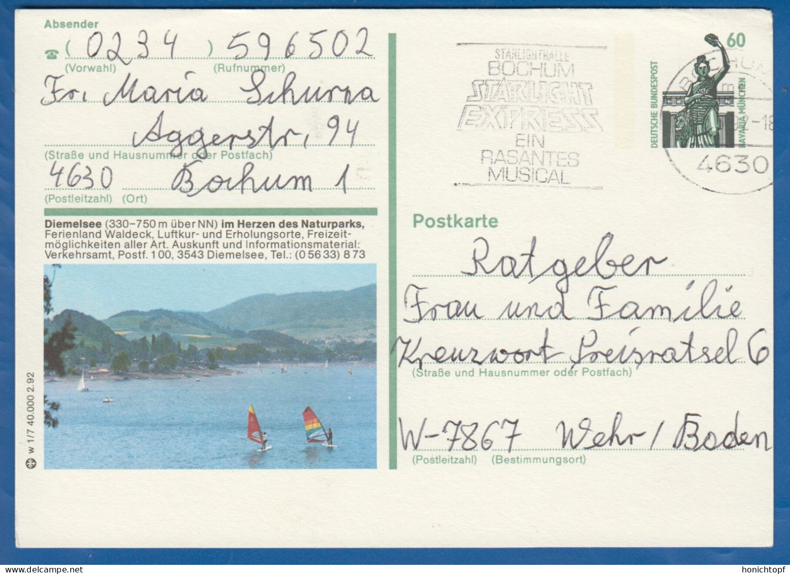 Deutschland; BRD; Postkarte; 60 Pf Bavaria München; Diemelsee, Waldeck - Cartes Postales Illustrées - Oblitérées