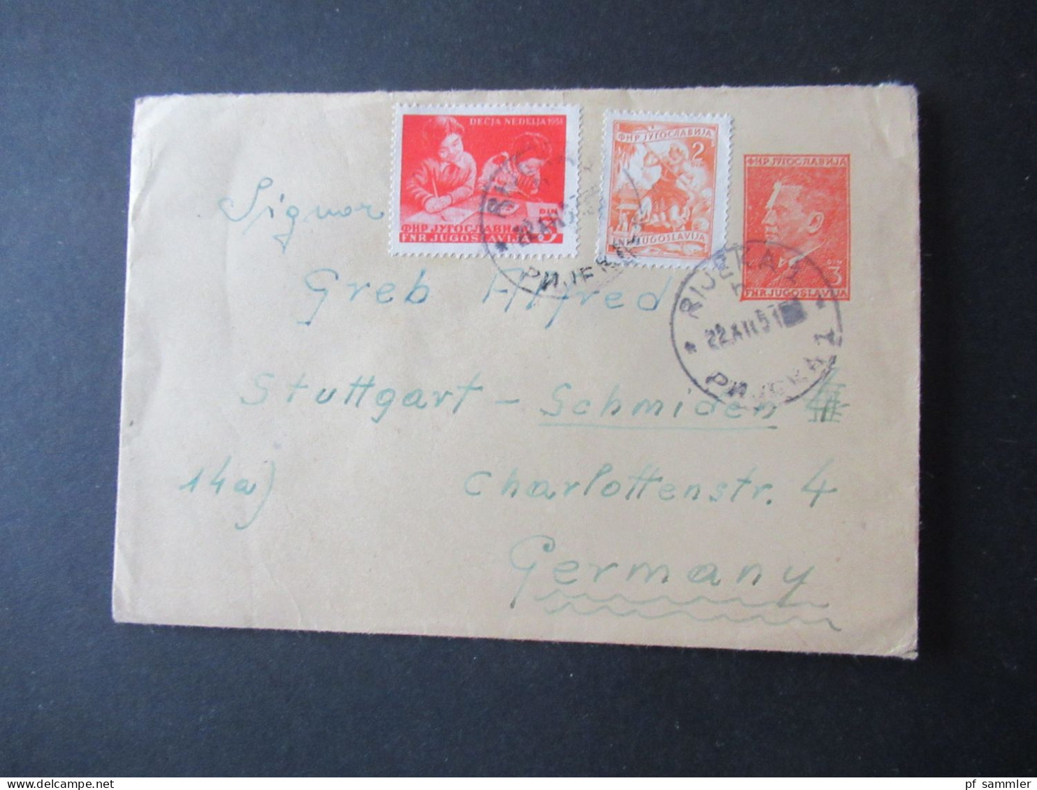 Jugoslawien 1951 GA Umschlag Tito Mit 2x Zusatzfrankatur (Woche Des Kindes) Stempel Rijeka 1 Nach Stuttgart Gesendet - Storia Postale