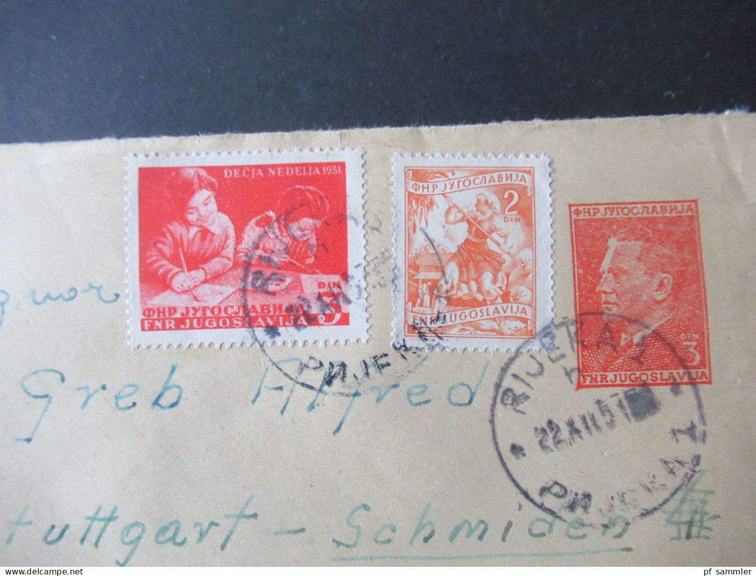 Jugoslawien 1951 GA Umschlag Tito Mit 2x Zusatzfrankatur (Woche Des Kindes) Stempel Rijeka 1 Nach Stuttgart Gesendet - Cartas & Documentos