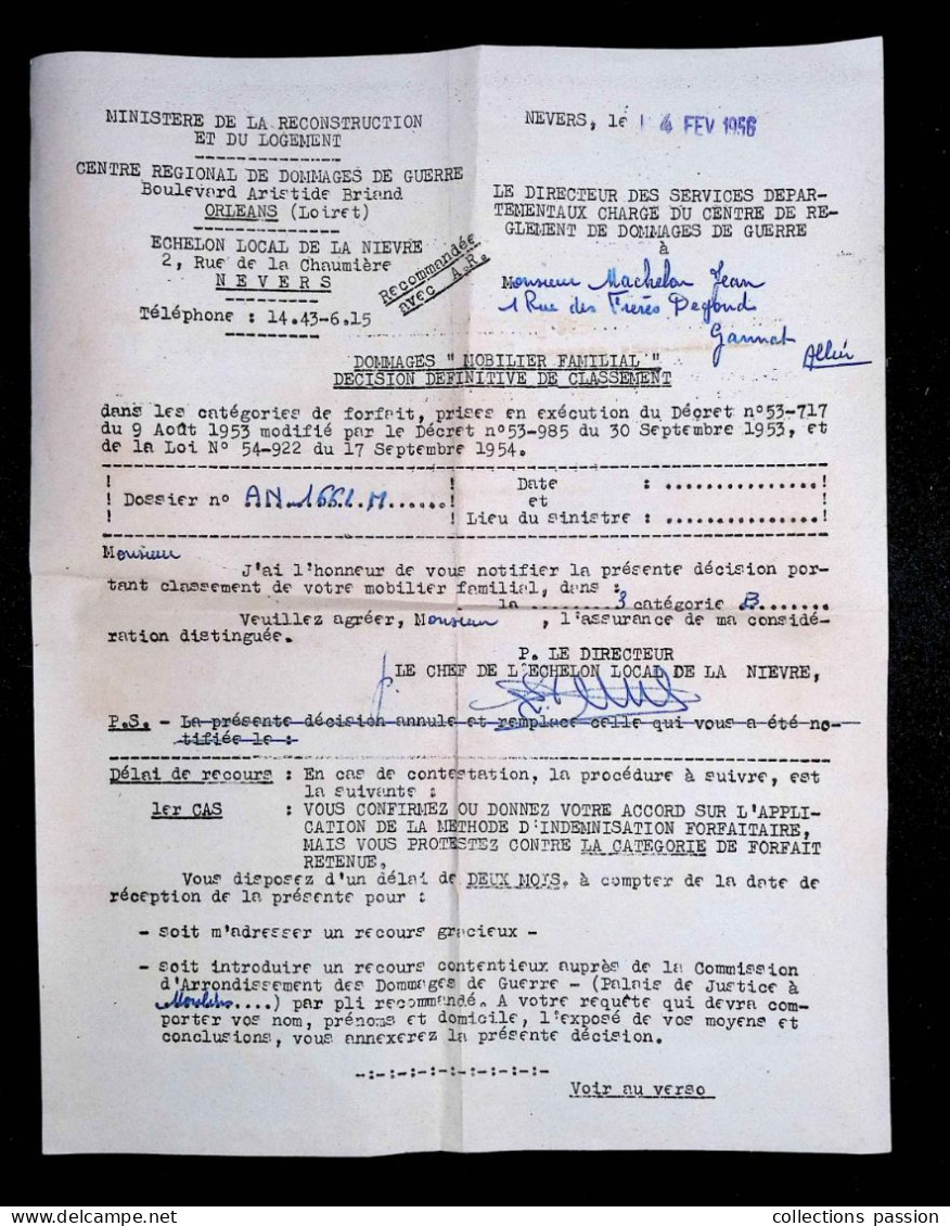 Ministère De La Reconstruction Et Du Logement, Nevers, Nièvre, 1956, Dommages Mobilier Familial,  Frais Fr 1.95 E - Ohne Zuordnung