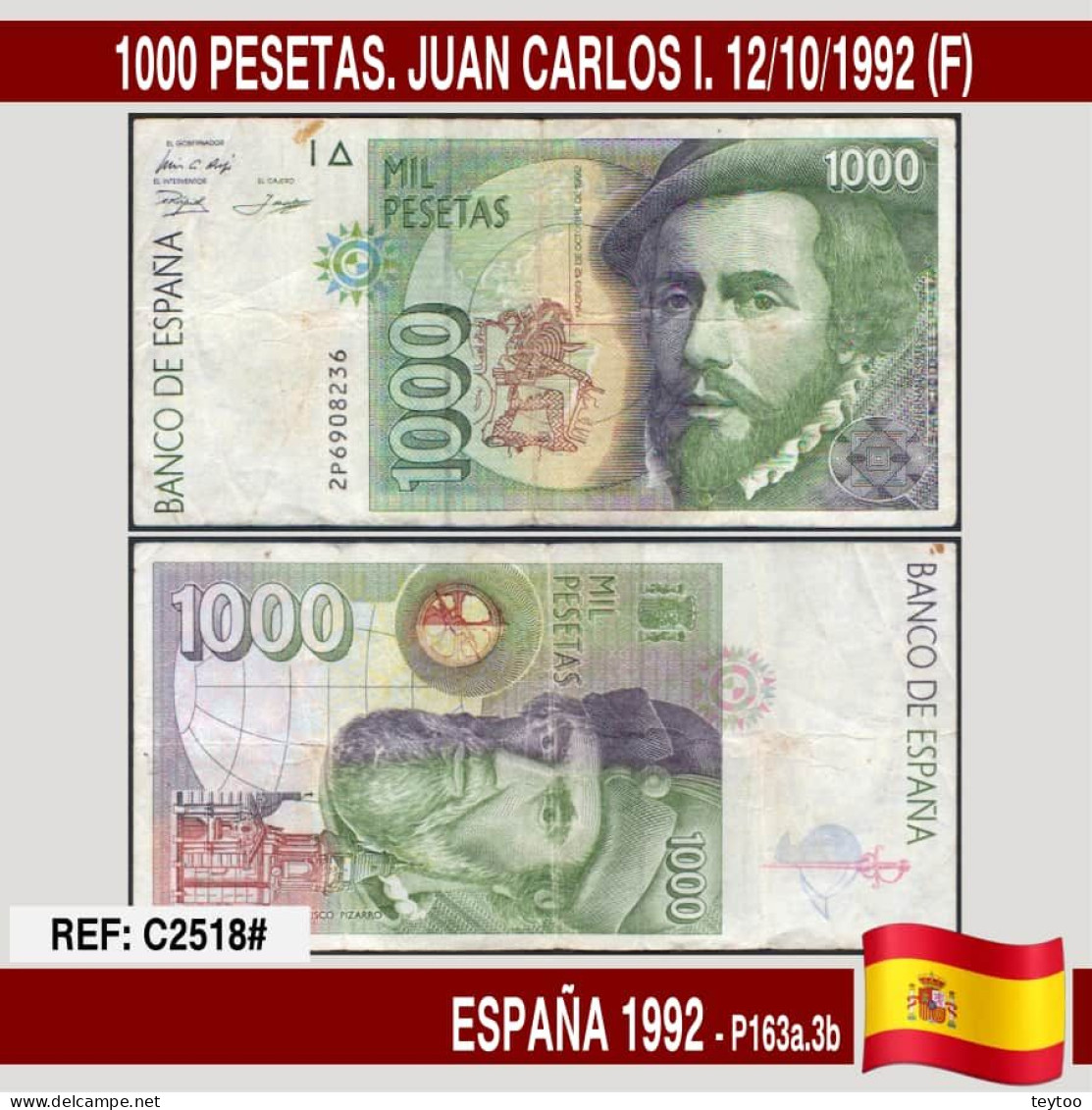 C2518# España 1992. 1000 Pts. Juan Carlos I. Hernán Cortés (F) - [ 4] 1975-… : Juan Carlos I