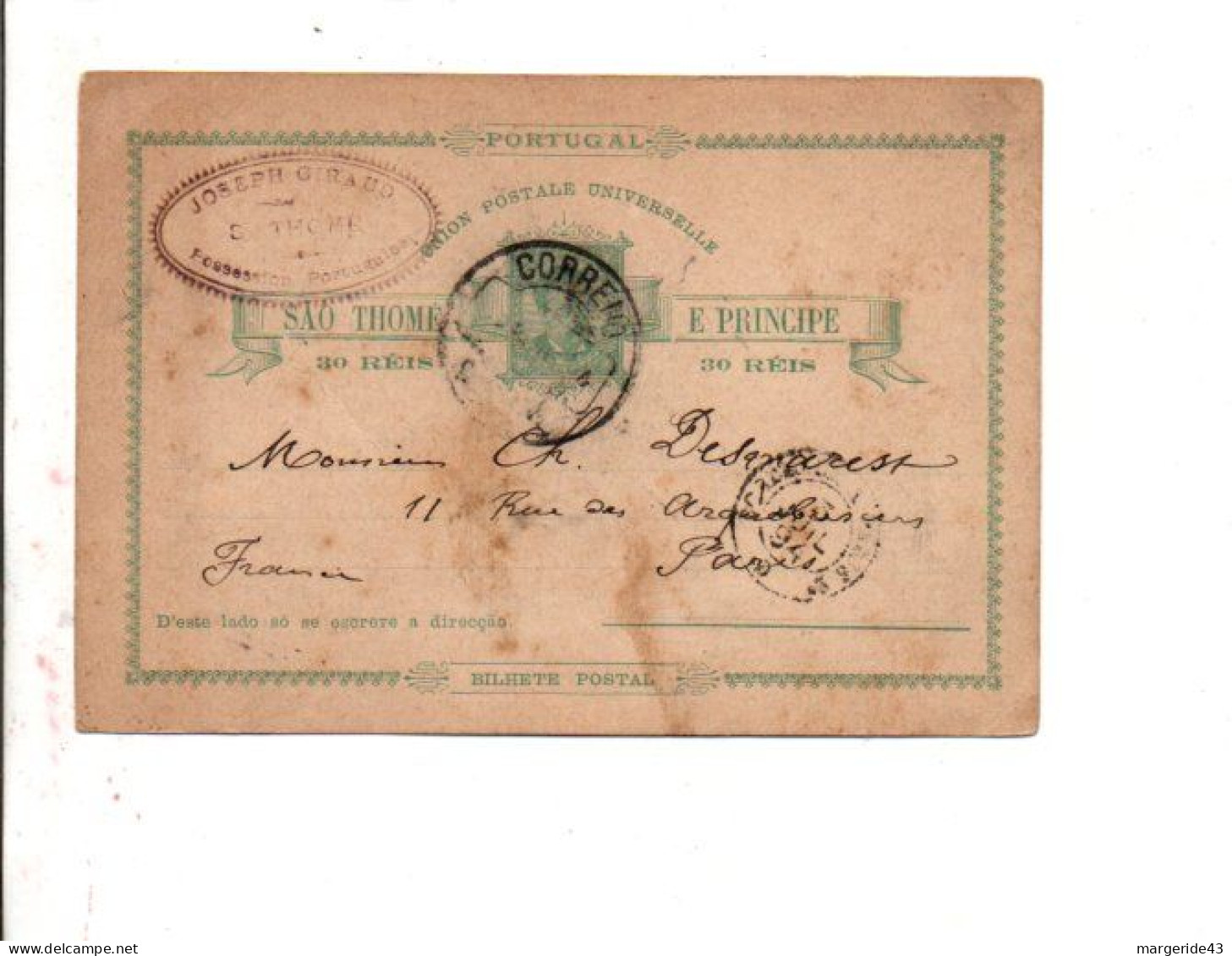 PORTUGAL SAO TOME ENTIER CARTE POUR LA FRANCE 1894 - St. Thomas & Prince