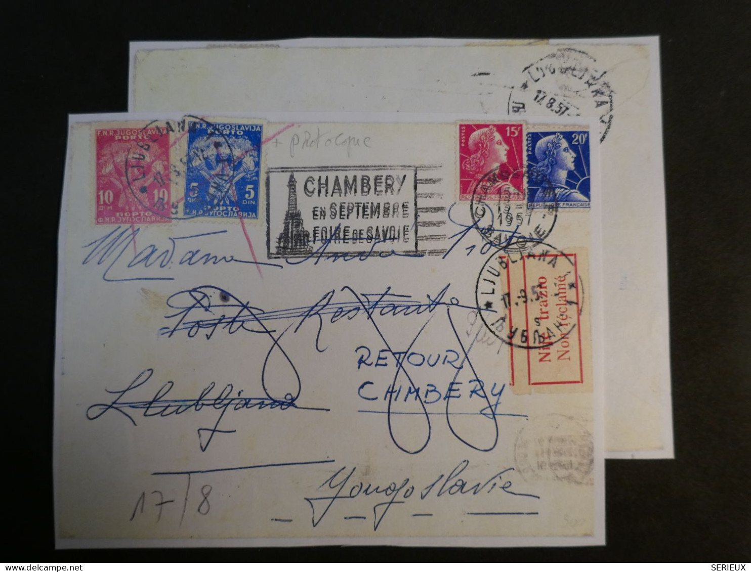 DH6 FRANCE BELLE LETTRE MIXTE RARE CURIOSITé 1957     CHAMBERY  A LLUBLIANA YOUGOSLAVIE  +AFF. RARE INTERESSANT+++ - Storia Postale