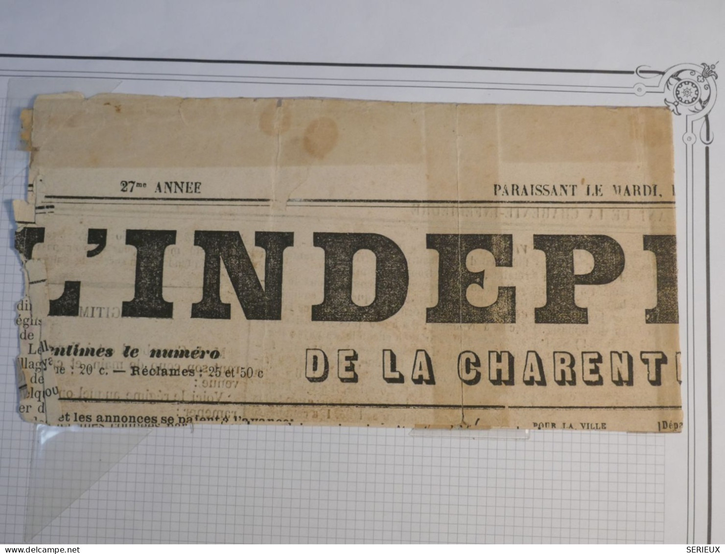 DH6 FRANCE SUR JOURNAL L INDEPEDANT GRAND FRAGMENT CURIOSITé 1874   N°51 SEUL  +AFF.  INTERESSANT+++ - 1849-1876: Klassieke Periode