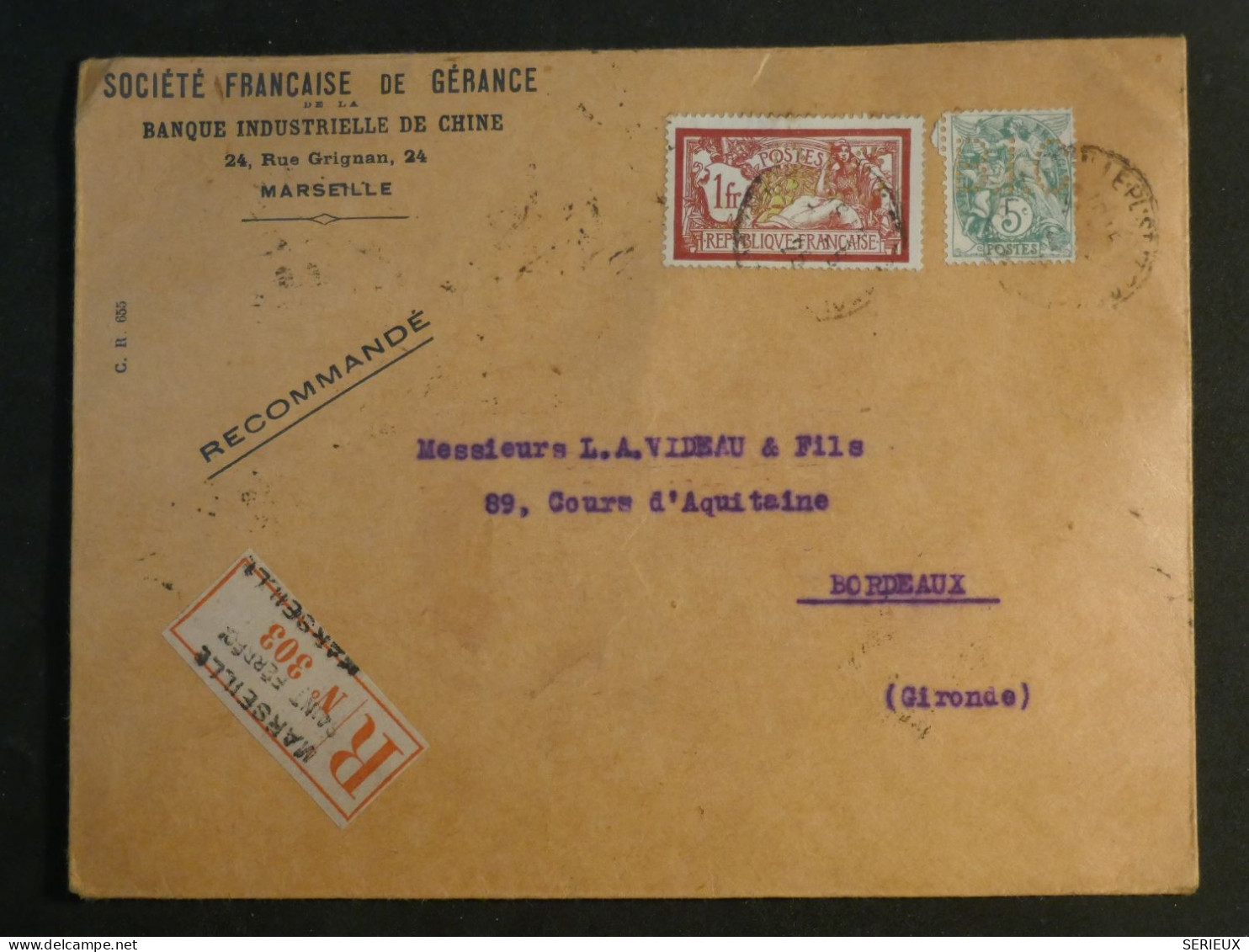 DH6 FRANCE BELLE LETTRE CURIOSITé PERFORéS  BIC RARE 1926   BANQUE DE CHINE   +1F PERFIN +AFF.  INTERESSANT+++ - Briefe U. Dokumente