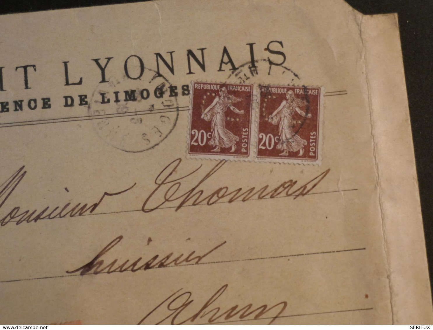 DH6 FRANCE BELLE LETTRE PAPIERS D AFFAIRES CL  PERFORé RECO  RARE 1909  LIMOGES A AHUN +AFF.  INTERESSANT+++ - Storia Postale