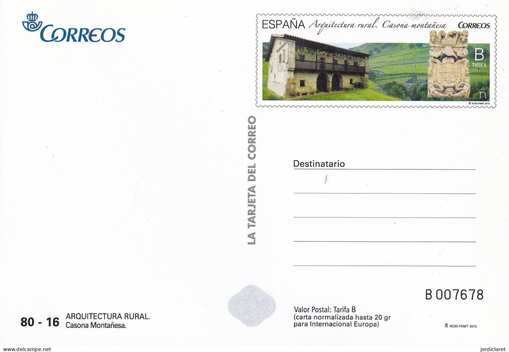 TARJETA DEL CORREO  2015   CASONA MONTAÑESA - 1931-....