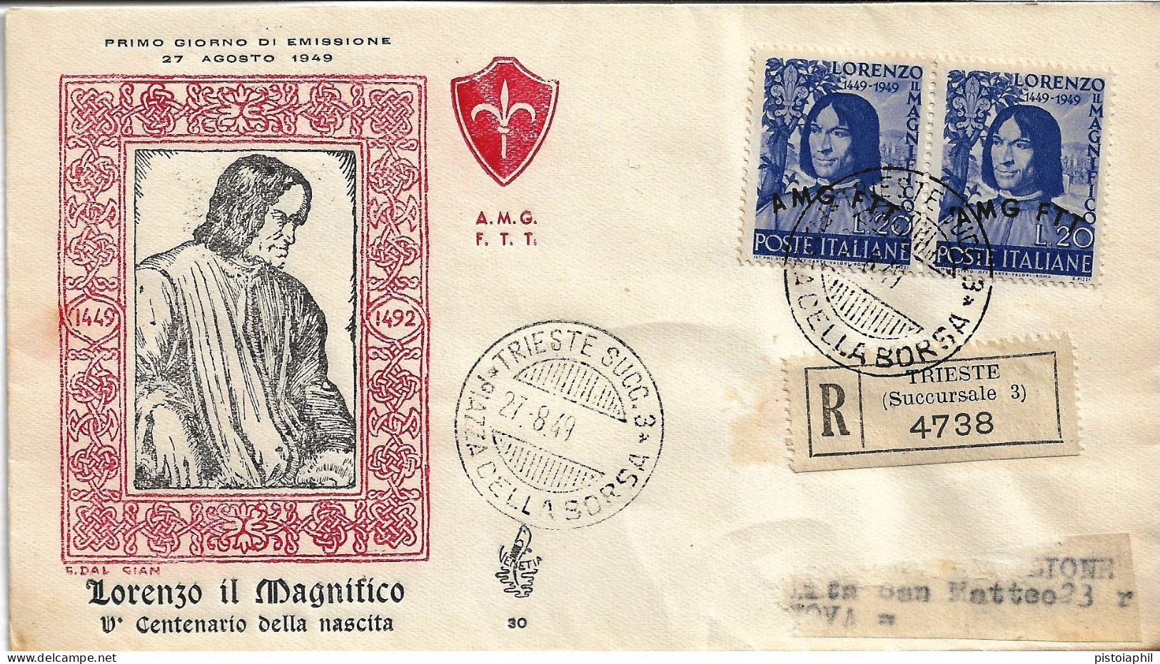 Fdc Venetia/Trieste: LORENZO IL MAGNIFICO (1949) Raccomandata - Marcophilia