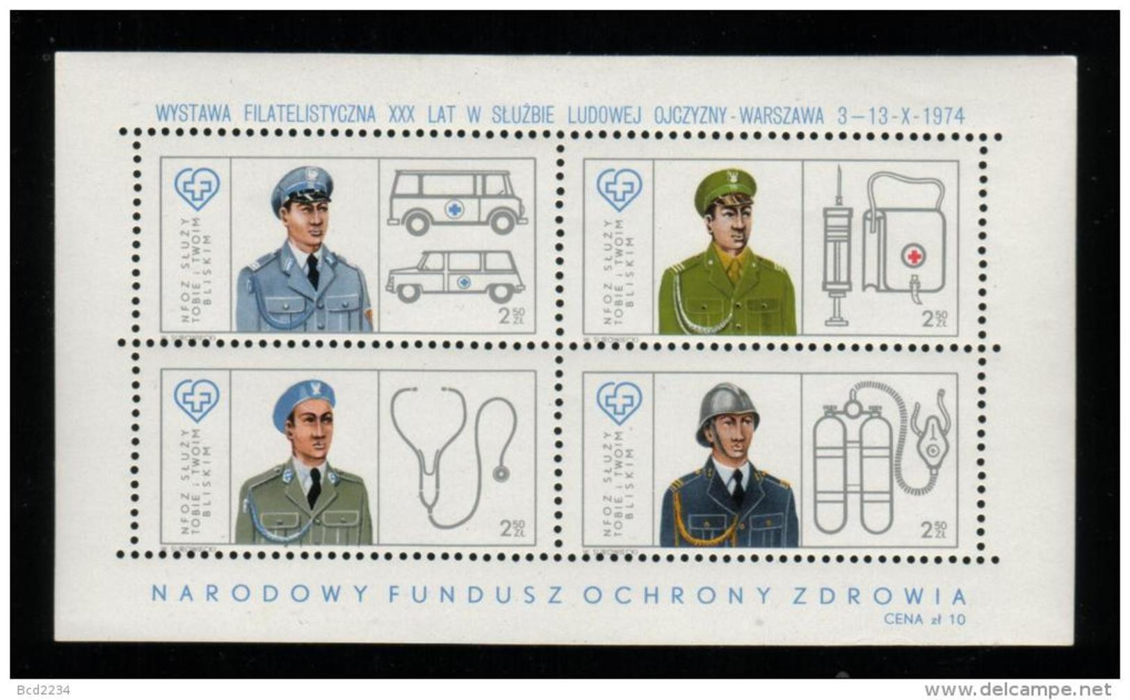 POLAND 1974 30 YEARS SERVING NATION NATIONAL HEALTH FUND PHILATELIC EXPO S/S NHM MEDICINE AMBULANCE HEART DOCTOR POLICE - Unfälle Und Verkehrssicherheit