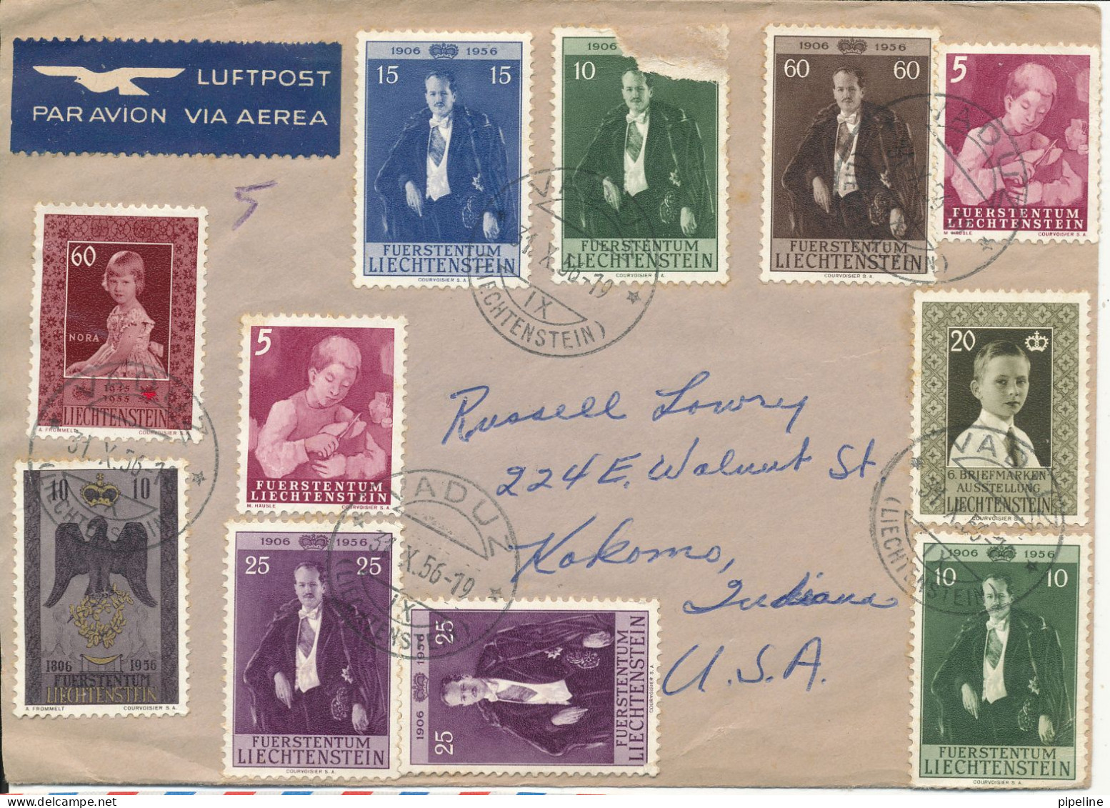 Liechtenstein Cover Sent To USA 31-10-1956  Very Good Franked (1 Of The Stamps Is Damaged) - Brieven En Documenten