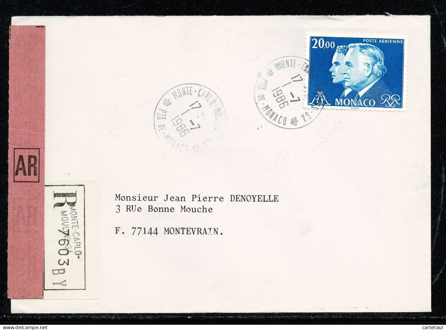 §!! MONACO Seul Sur Lettre Recommandée AR Au Tarif 20,00 F MONTE-CARLO-MOULINS- GA  1-7-1986 - Covers & Documents