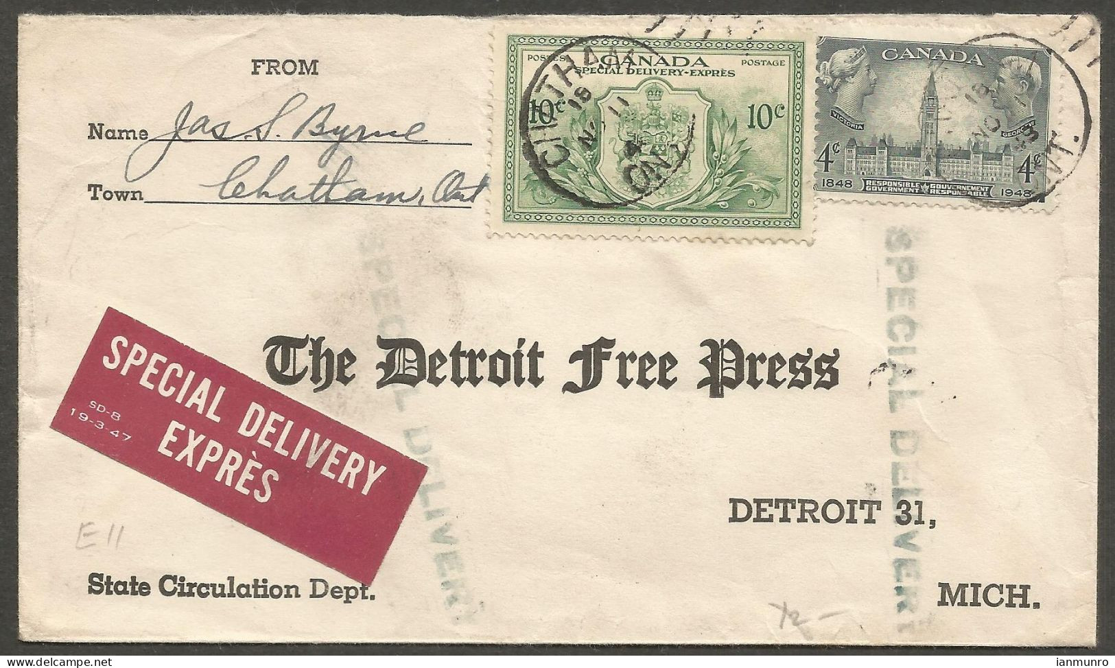 1948 Detroit Free Press Reply Special Delivery Cover 14c #E11 Duplex Chatham Ontario - Postgeschichte