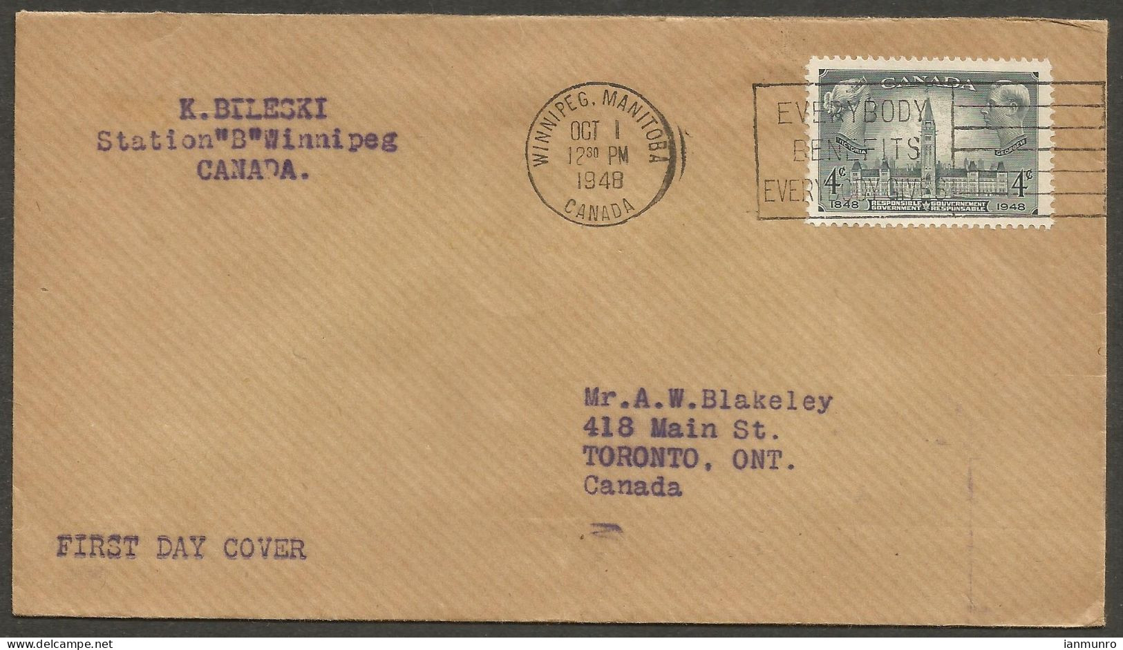 1948 Bileski Stamp Dealer FDC First Day Cover 4c Responsible Govt #277 Slogan Winnipeg Manitoba - Postal History