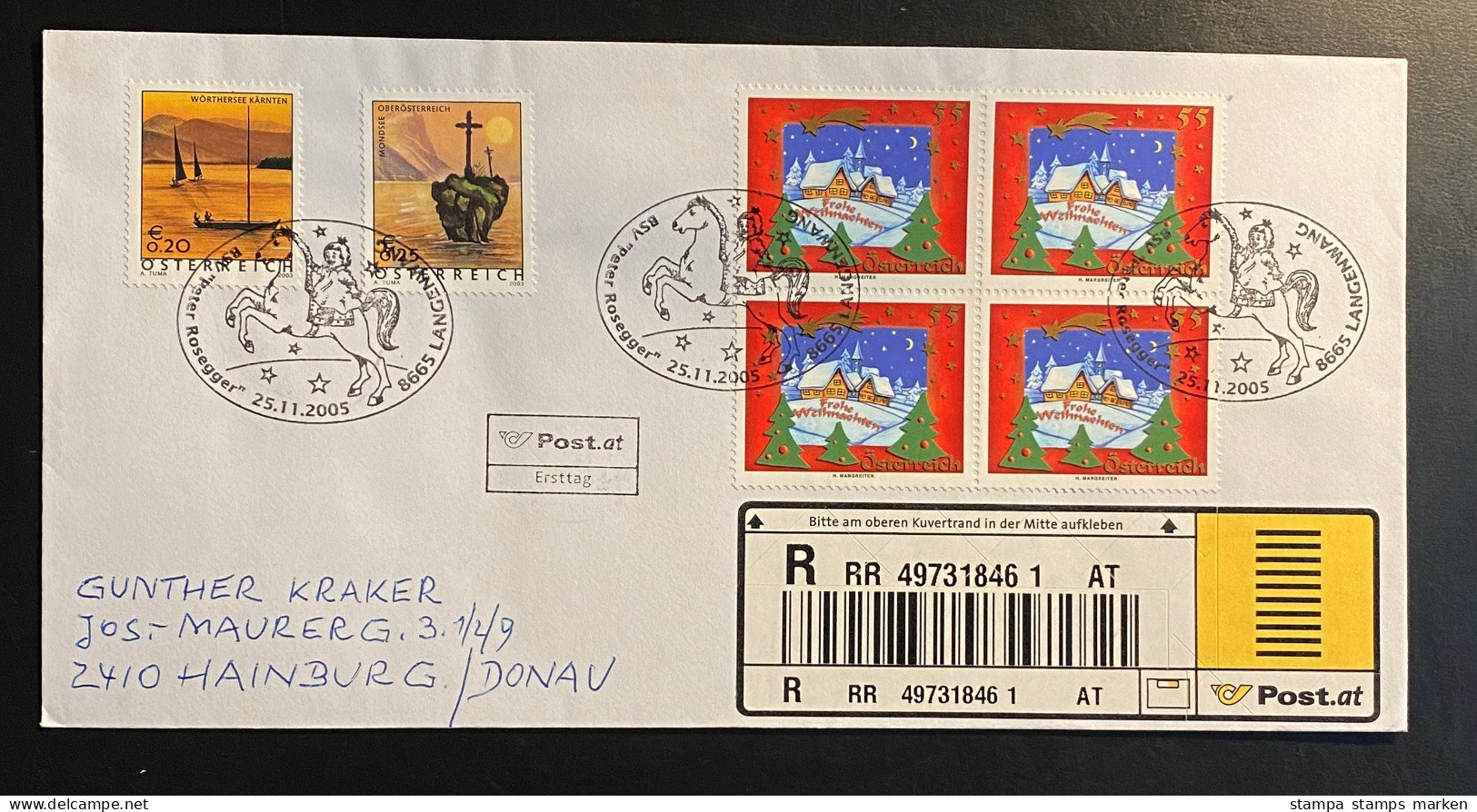 Österreich 2005 Weihnachten Mi. 2563 Viererblock, 2438, 2439 Auf R-Brief, FDC Sonderstempel LANGENWANG - Brieven En Documenten