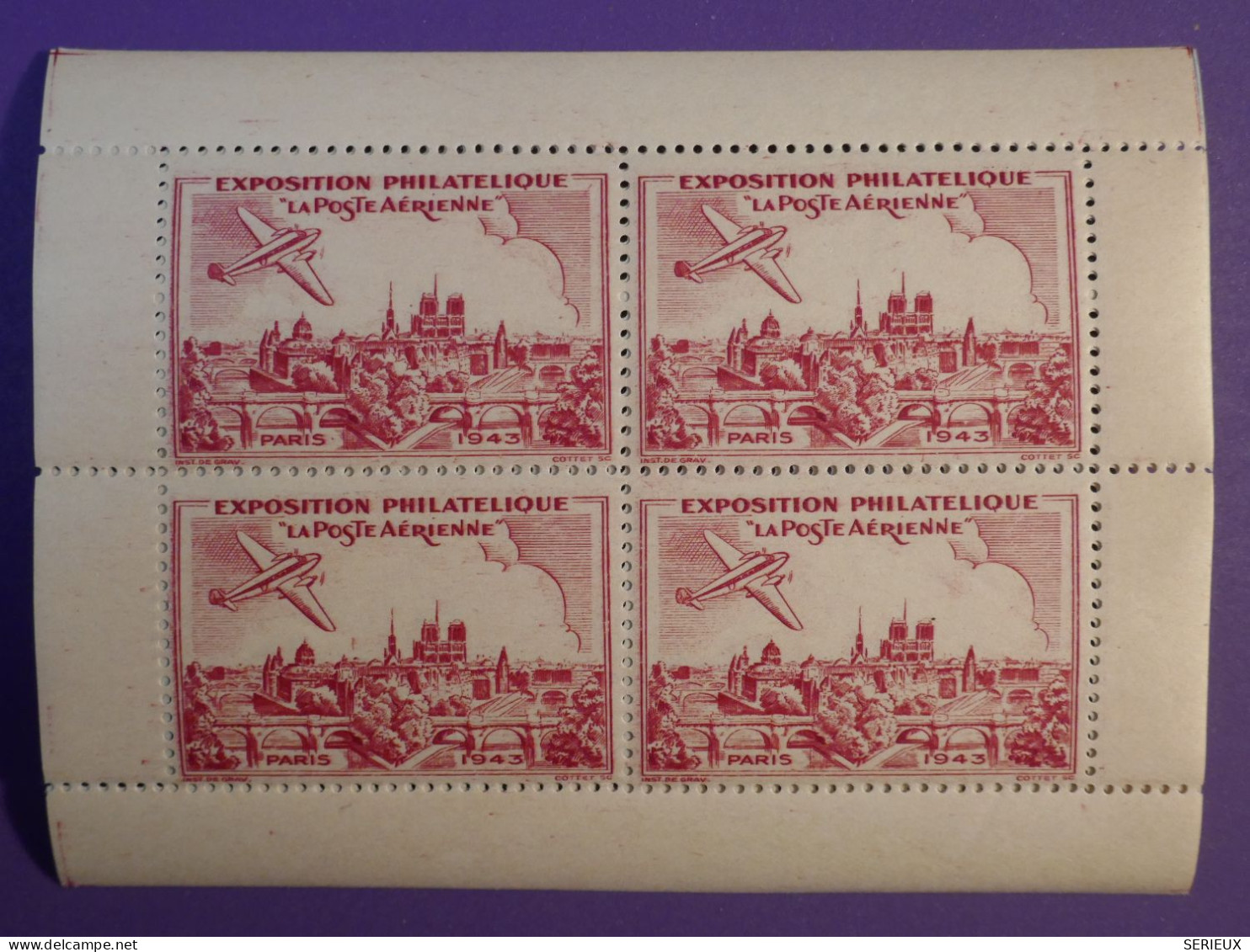 DH6 FRANCE   BEAU BLOC VIGNETTE EXPO  LA POSTE AERIENNE   1943  A PARIS +BELLE GOMME+++ - Philatelic Fairs