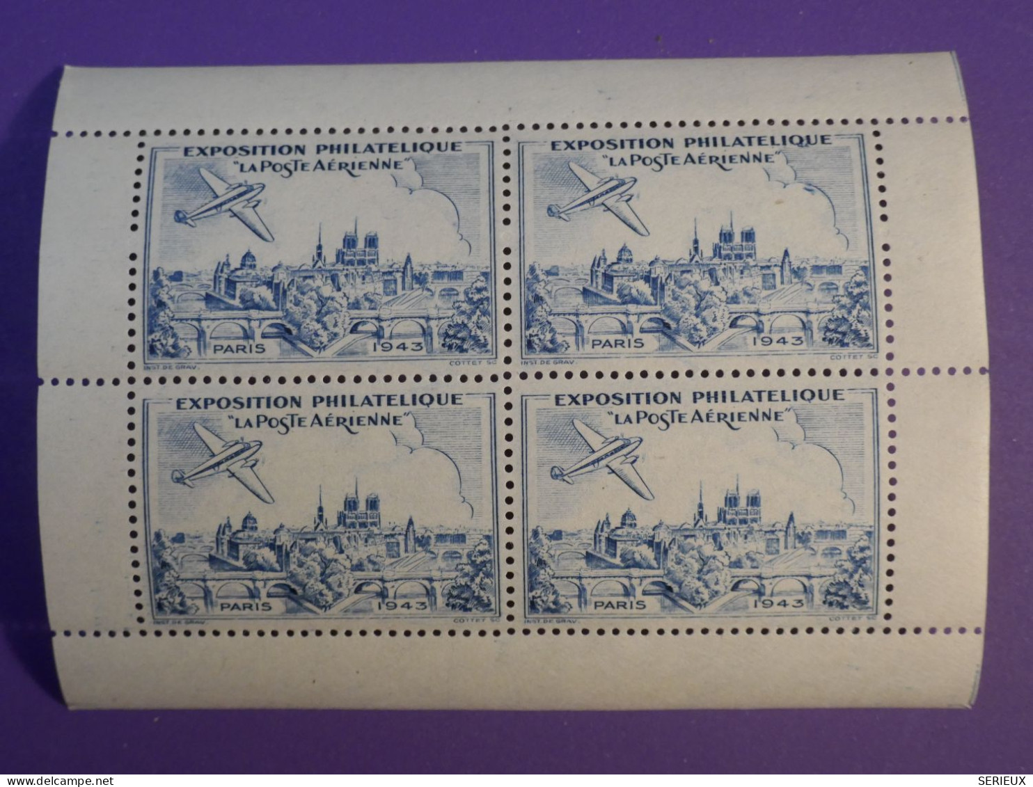 DH6 FRANCE   BEAU BLOC VIGNETTE EXPO  LA POSTE AERIENNE   1943  A PARIS +BELLE GOMME ++ - Philatelic Fairs