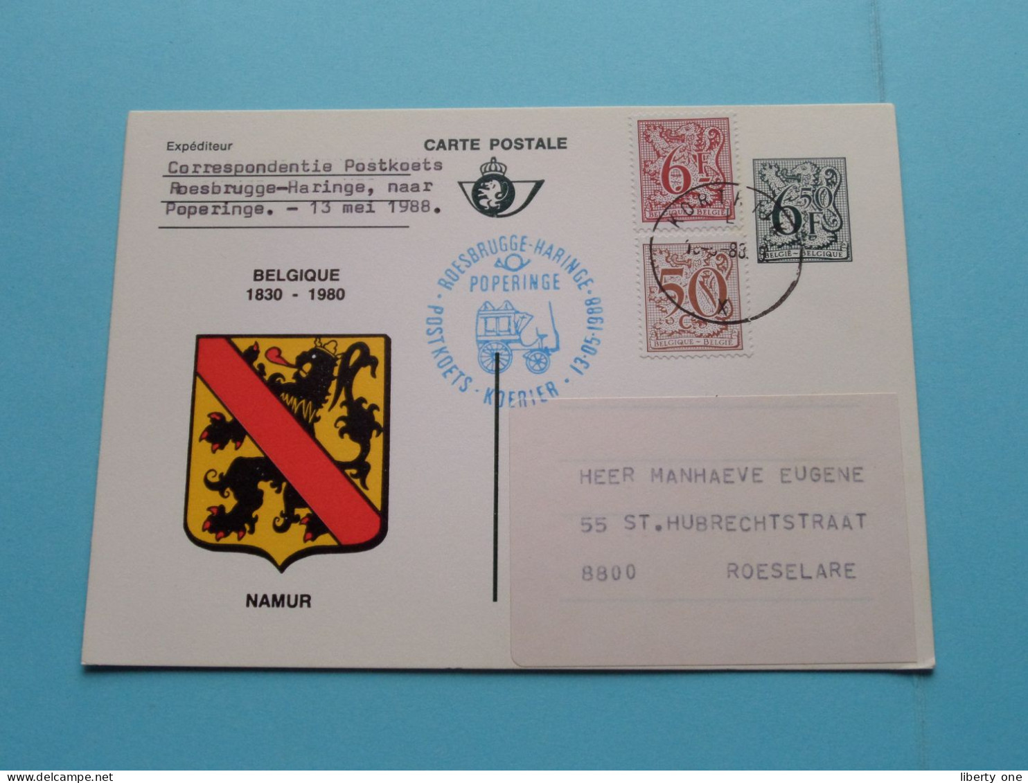 Postkoets ROESBRUGGE-HARINGE Koerier >> POPERINGE ( Carte Namur ) Anno 1988 ( Zie SCANS ) Blanco Rug ! - Autres & Non Classés