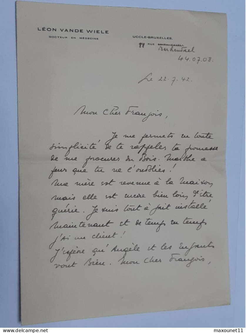 Ancienne Lettre Envoyée Du Docteur Léon Vande Wiele De Uccle Le 22 Juillet 1942 .. Lot10 . - ....-1949