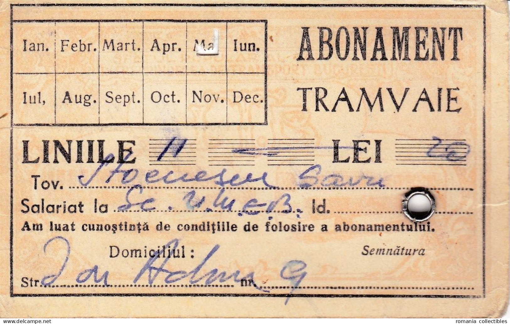 Romania, 1940's, Bucharest Tramway - Vintage Transport Pass, ITB - Rare Cinderella - Andere & Zonder Classificatie