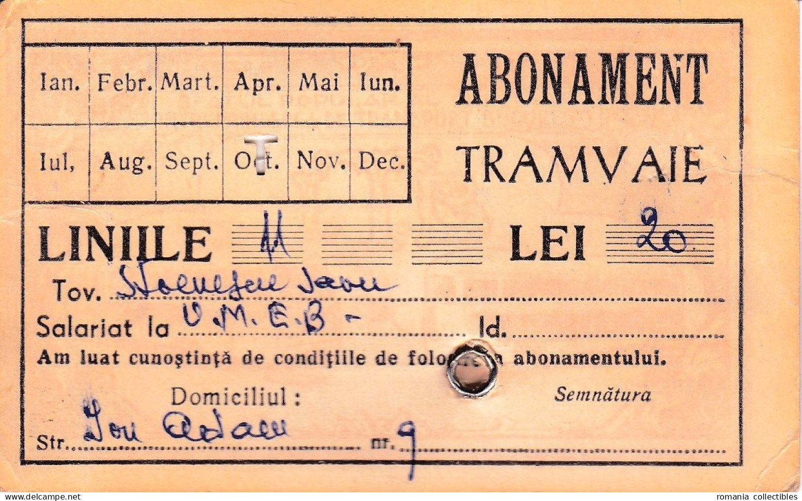 Romania, 1940's, Bucharest Tramway - Vintage Transport Pass, ITB - Rare Cinderella - Other & Unclassified