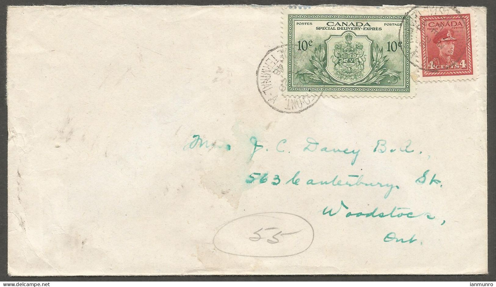 1948 Special Delivery Cover 14c War/E11 Toronto Terminal A Ontario To Woodstock - Histoire Postale