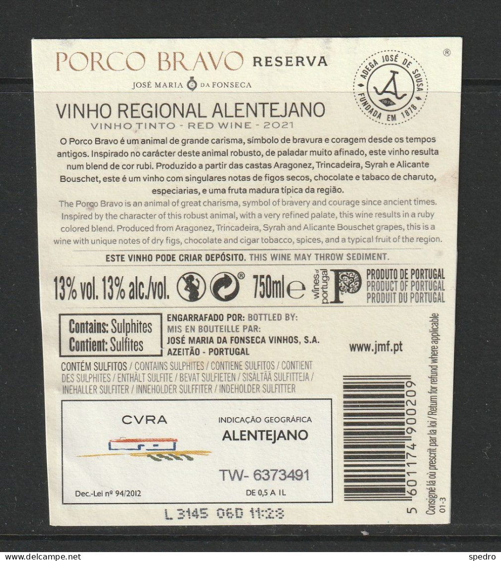 Portugal 2021 Rótulo Vinho Tinto Regional Alentejano Porco Bravo Red Wine Vin Rouge Alentejo - Rotwein