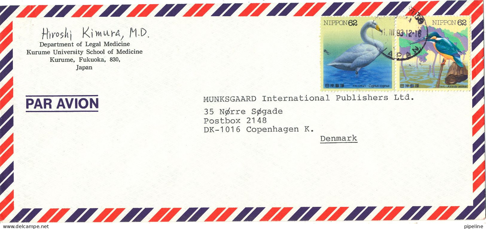 Japan Air Mail Cover  Sent To Denmark 11-3-1993 Topic Stamps BIRDS - Corréo Aéreo