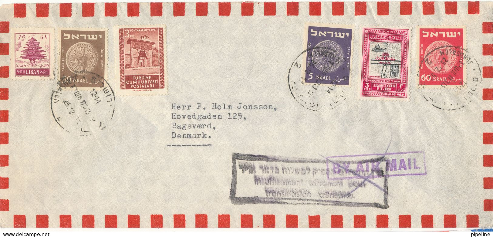 Israel Air Mail Cover Sent To Denmark 25-12-1958 Also With A Stamp From Lebanon And Turkey - Airmail