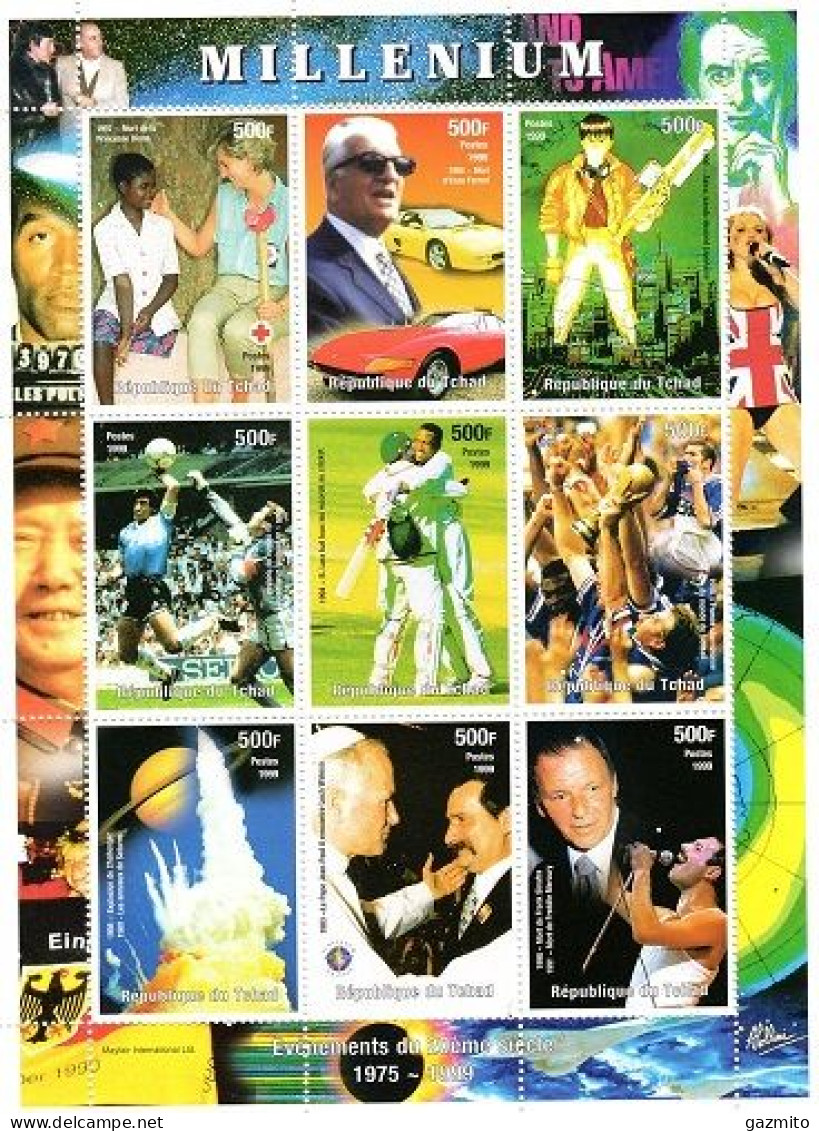 Tchad 1999, Millenium, Diana, Red Cross, Ferrari, Cartoons, Football, Cricket, Space, Pope J. Paul II, Sinatra, 9val - Singers