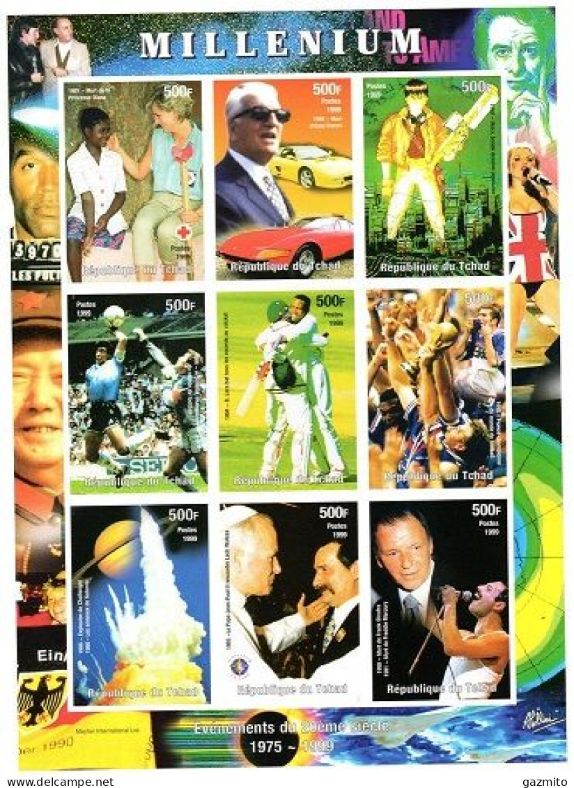 Tchad 1999, Millenium, Diana, Red Cross, Ferrari, Cartoons, Football, Cricket, Space, Pope J. Paul II, Sinatra, 9val IMP - Cricket