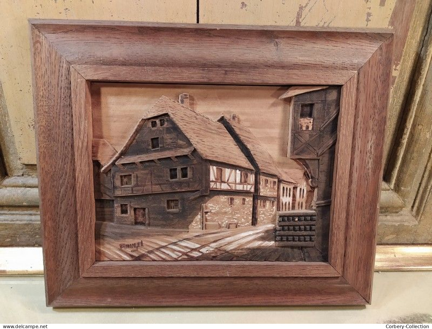 Ancien Tableau Chalet Bois Sculpté Art Populaire Montagne Raugel 1950 - Bois