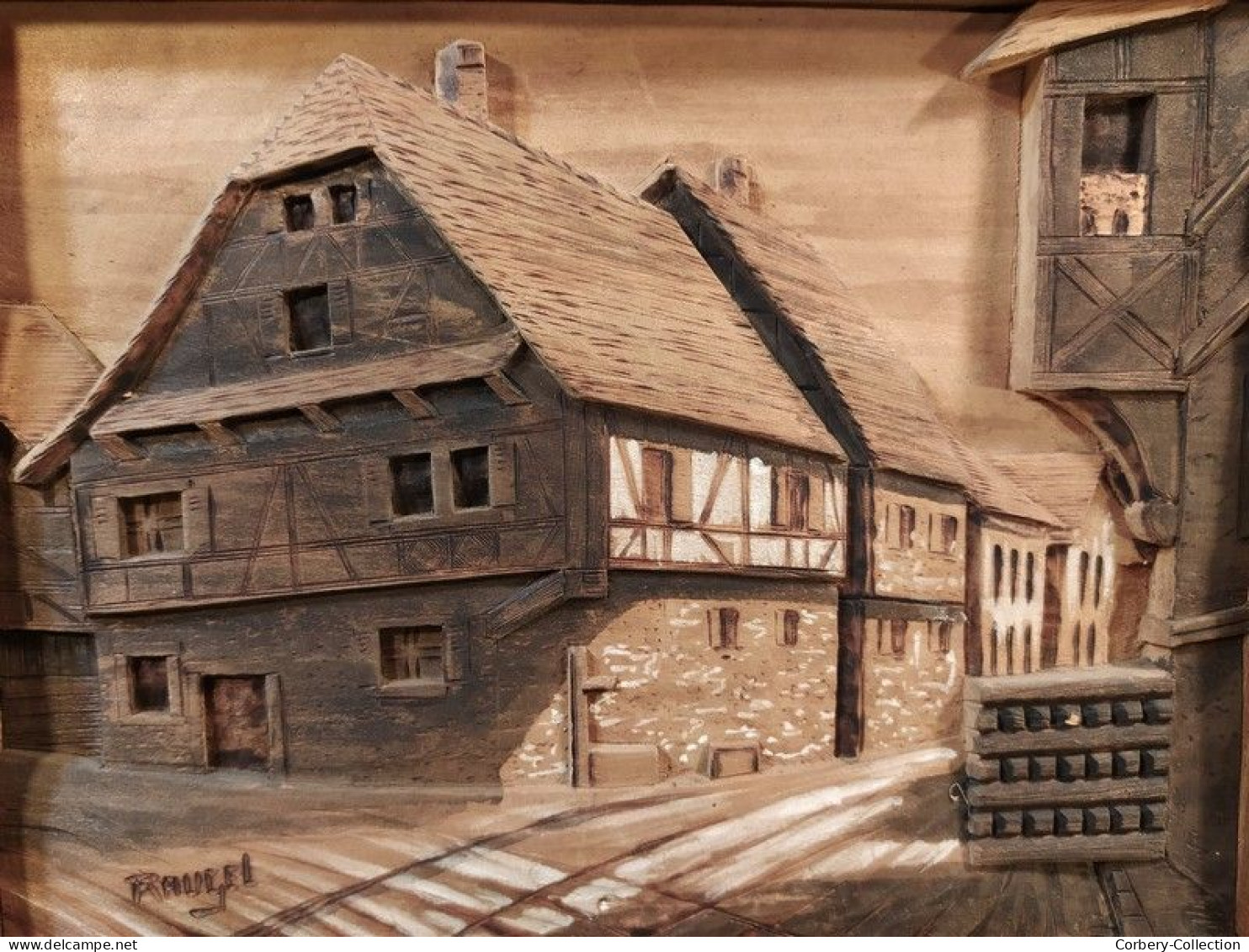 Ancien Tableau Chalet Bois Sculpté Art Populaire Montagne Raugel 1950 - Legni