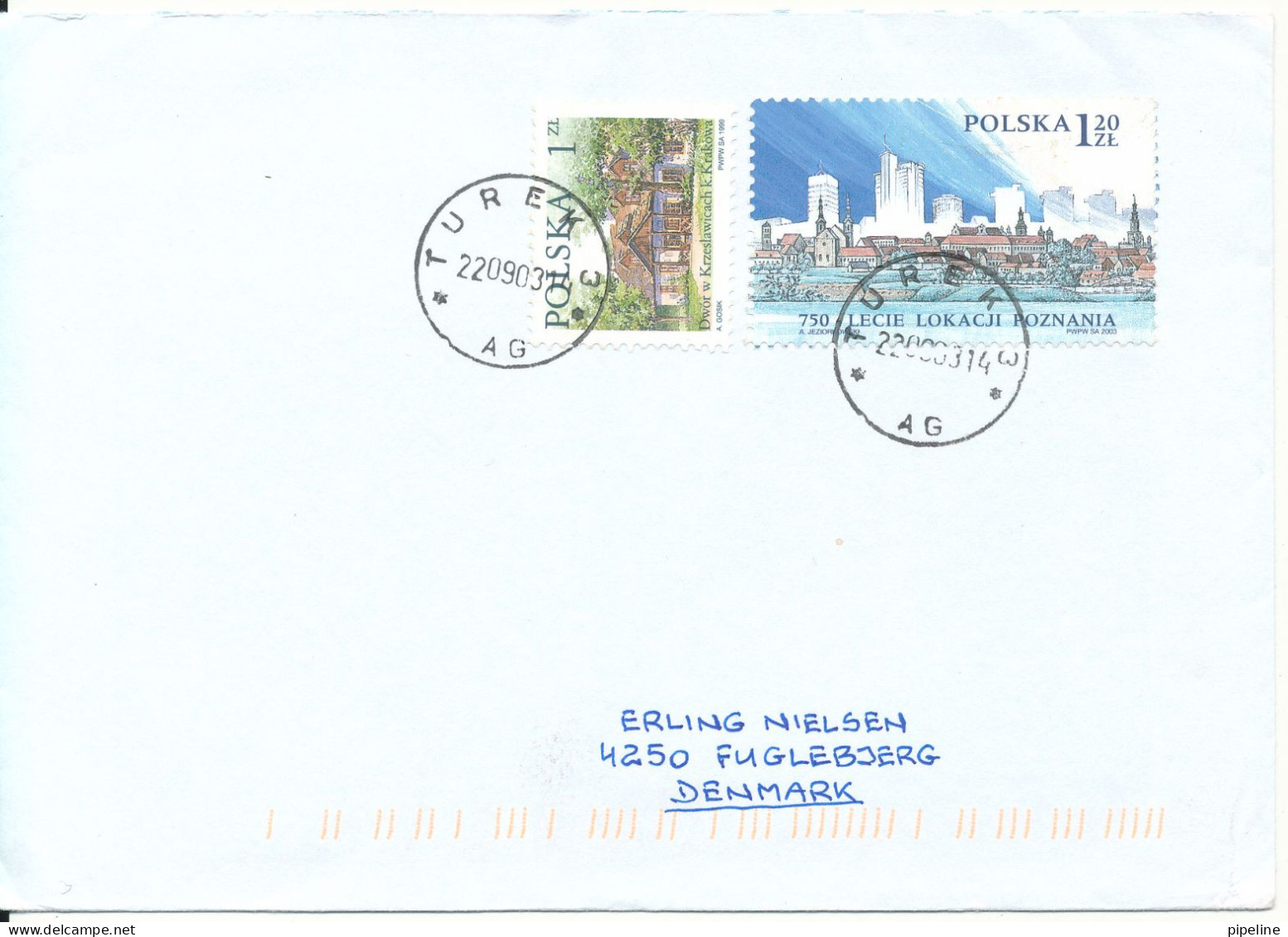 Poland Cover Sent To Denmark Turek 22-9-2003 Topic Stamps - Cartas & Documentos