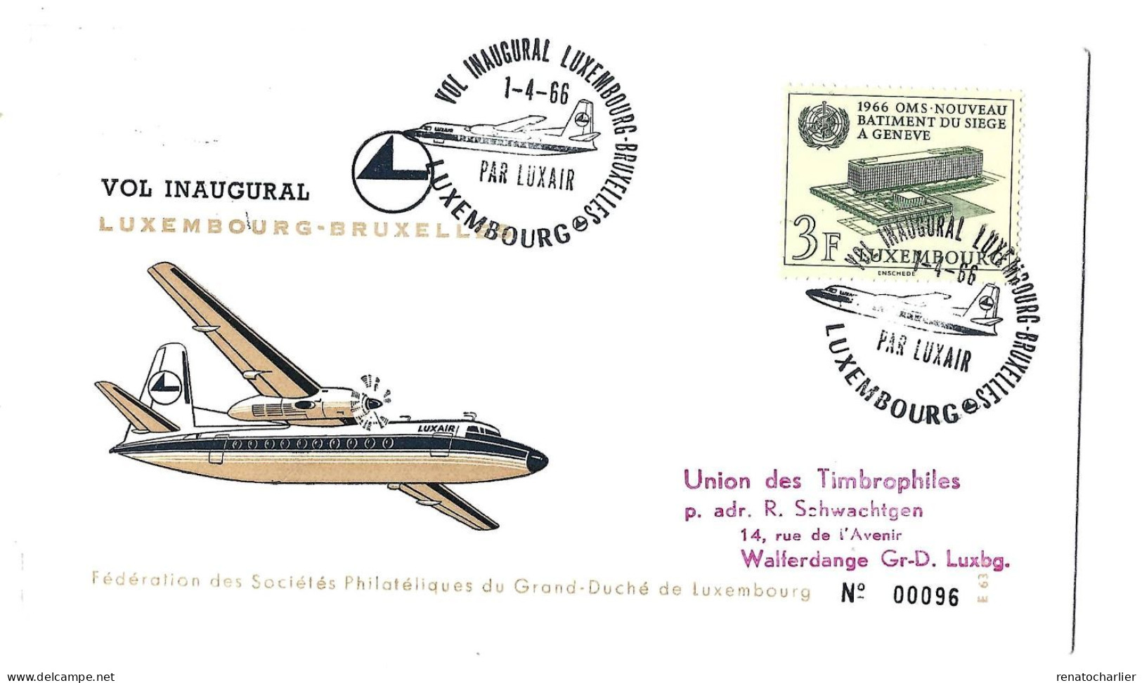 Vol Inaugural Luxembourg-Bruxelles.Luxair.1966. - Covers & Documents