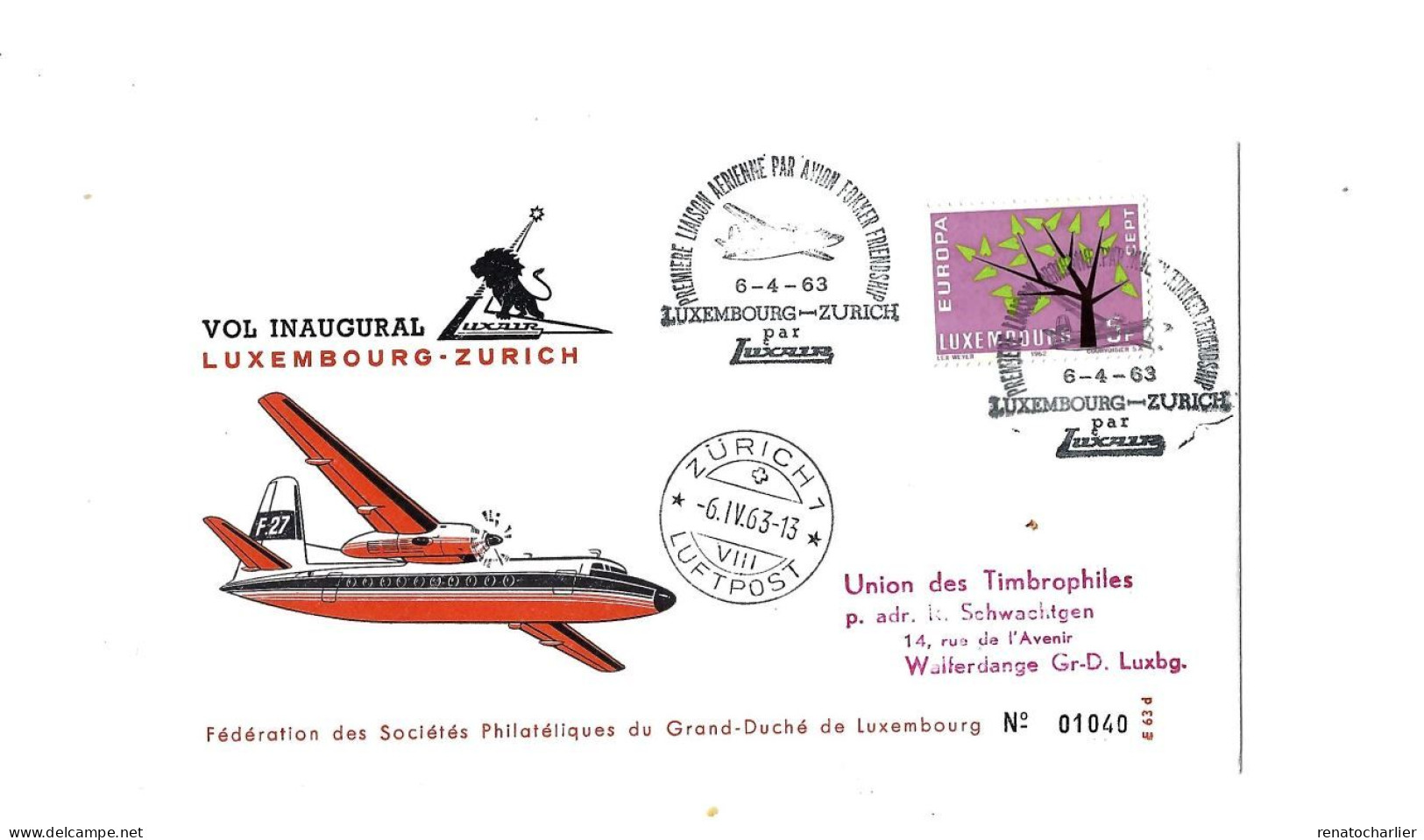 Vol Inaugural Luxembourg-Zürich.Luxair.1963. - Storia Postale