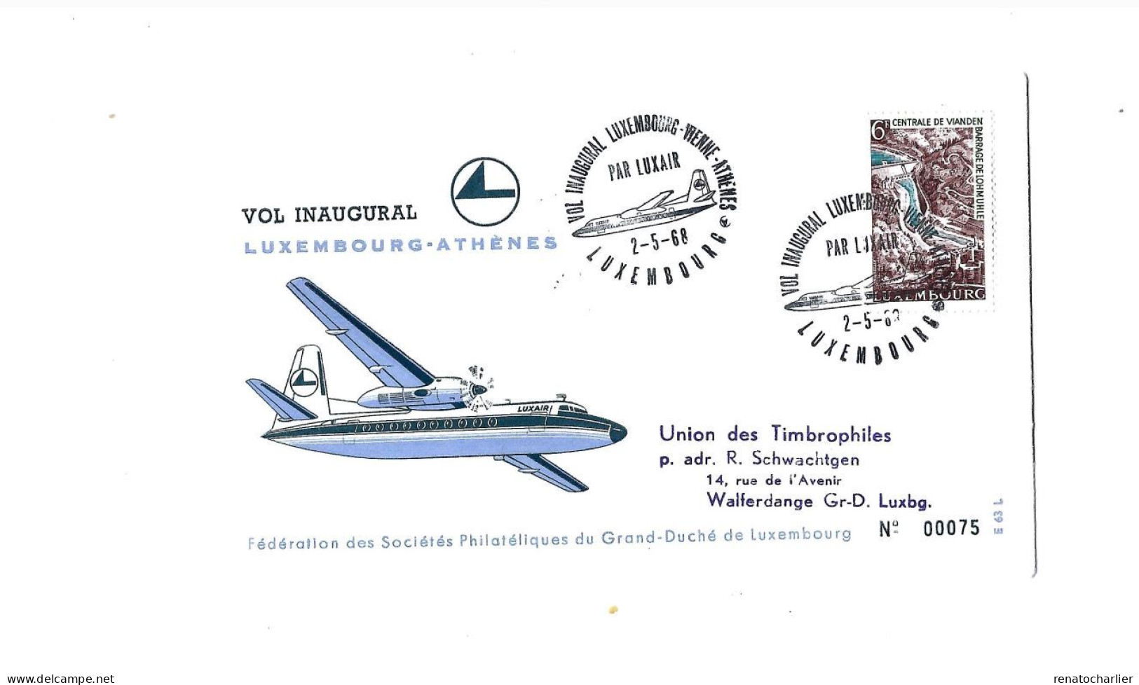 Vol Inaugural Luxembourg-Athènes.Luxair.1968. - Covers & Documents