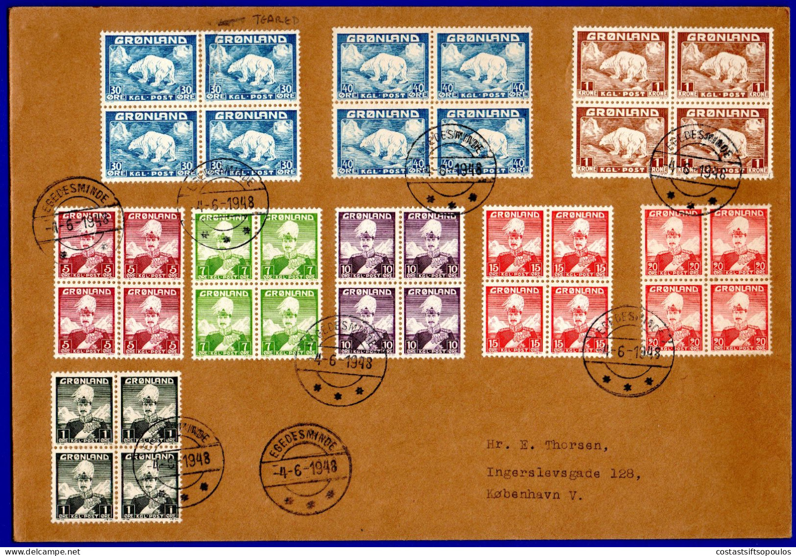 2358.DENMARK, GREENLAND 1936-1946 KING CHRISTIAN X, POLAR BEAR # 1-9 BLOCKS OF 4 C.T.O. ON LARGE COVER EGEDESMINDE 1948 - Lettres & Documents