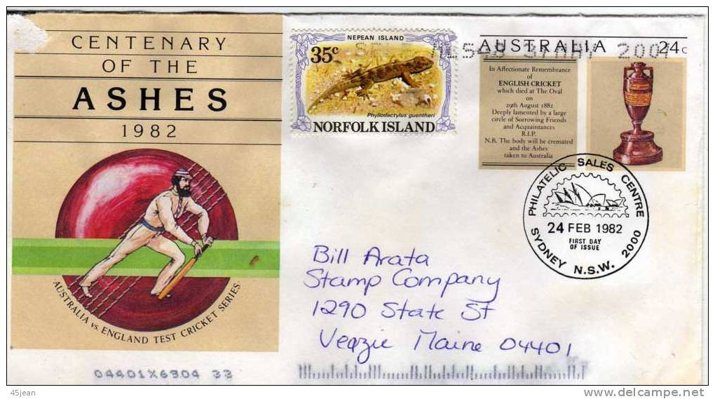 Australie:1982  Entier Postale Complété Centenaire De ASHES Voyagé Thème Cricket + Timbre Reptile - Cricket