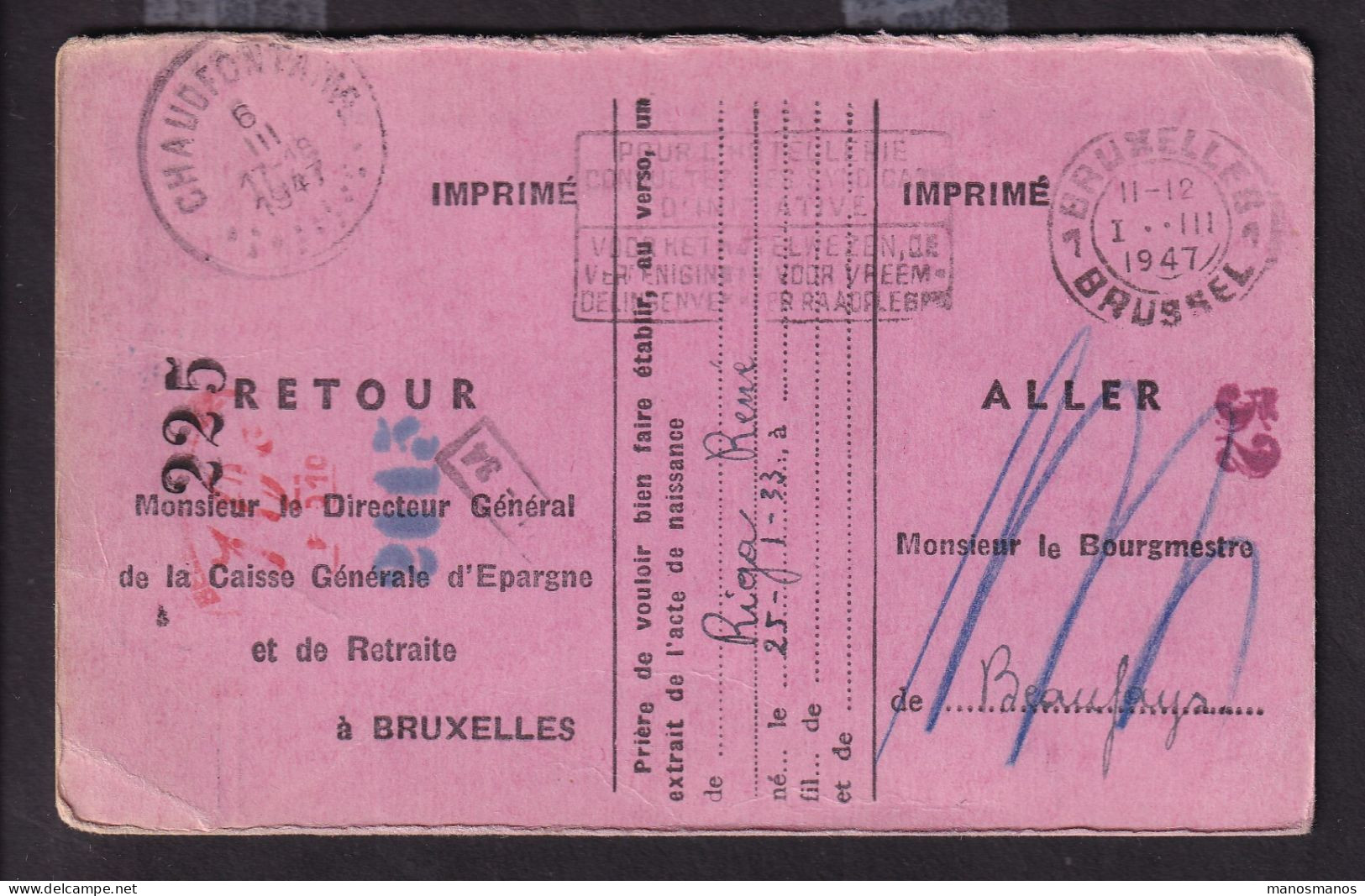DDFF 549 -- BEAUFAYS - Carte De Caisse D'Epargne Postale/Postspaarkaskaart 1947 - TB Cachet Administration Communale - Franchise