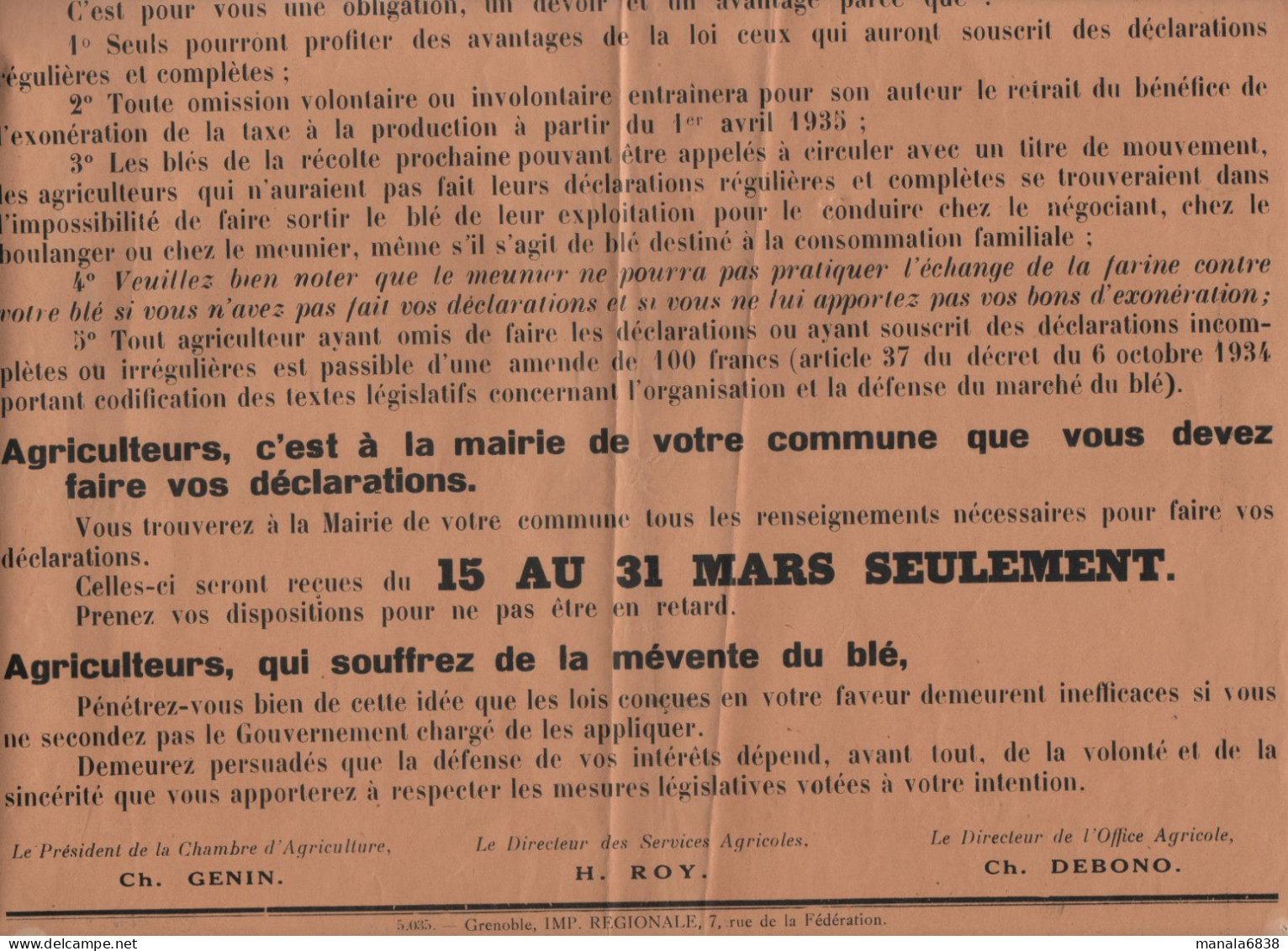 Isère Cultivateurs De Blé 1934 Genin Roy Debono - Affiches