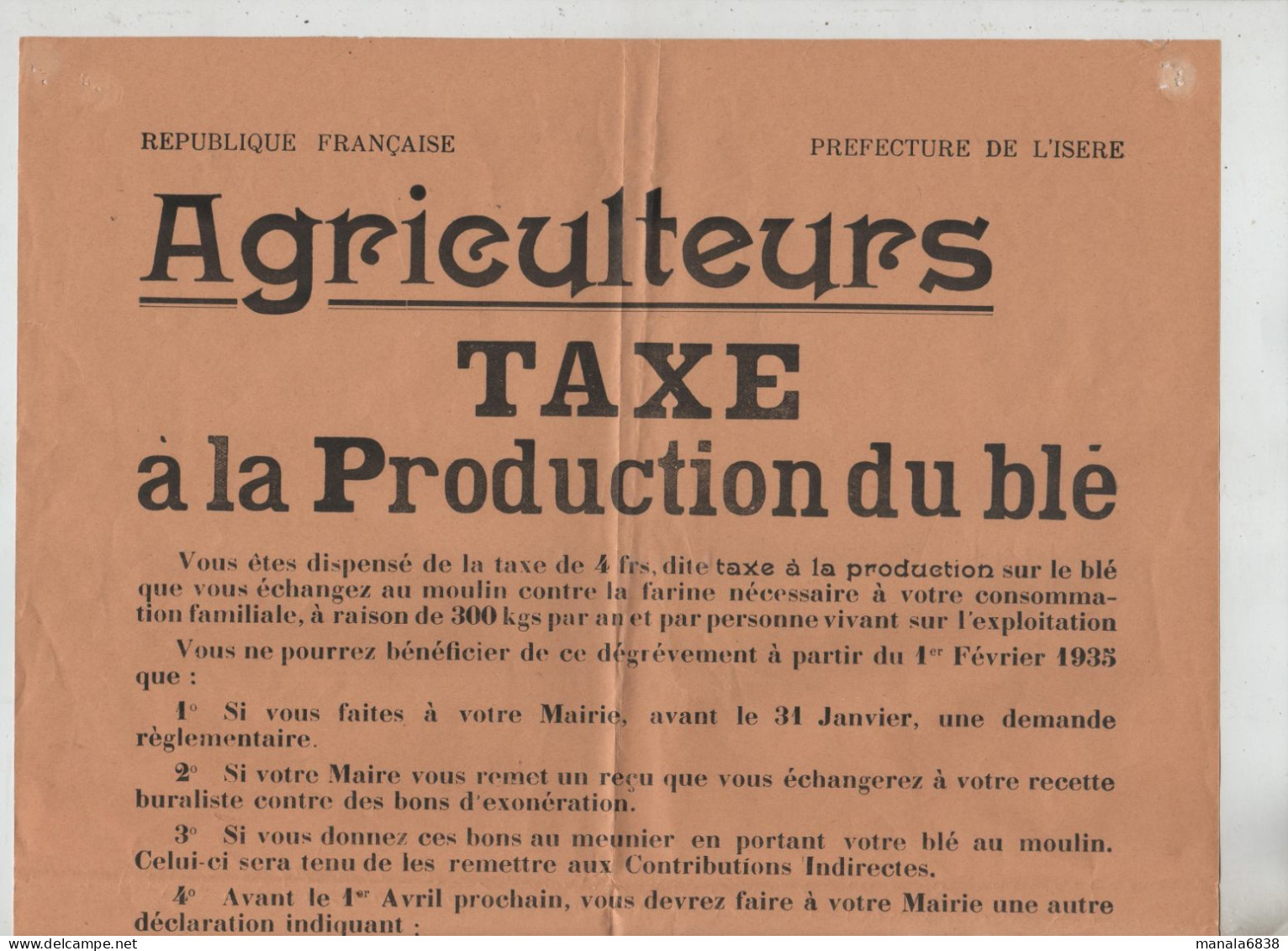 Isère Agriculteurs Taxe à La Production Du Blé 1934 Susini Roy Genin - Afiches