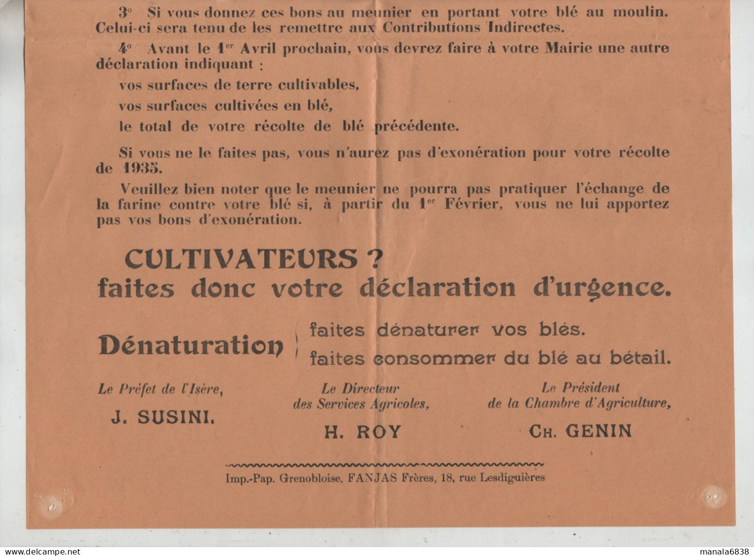 Isère Agriculteurs Taxe à La Production Du Blé 1934 Susini Roy Genin - Plakate