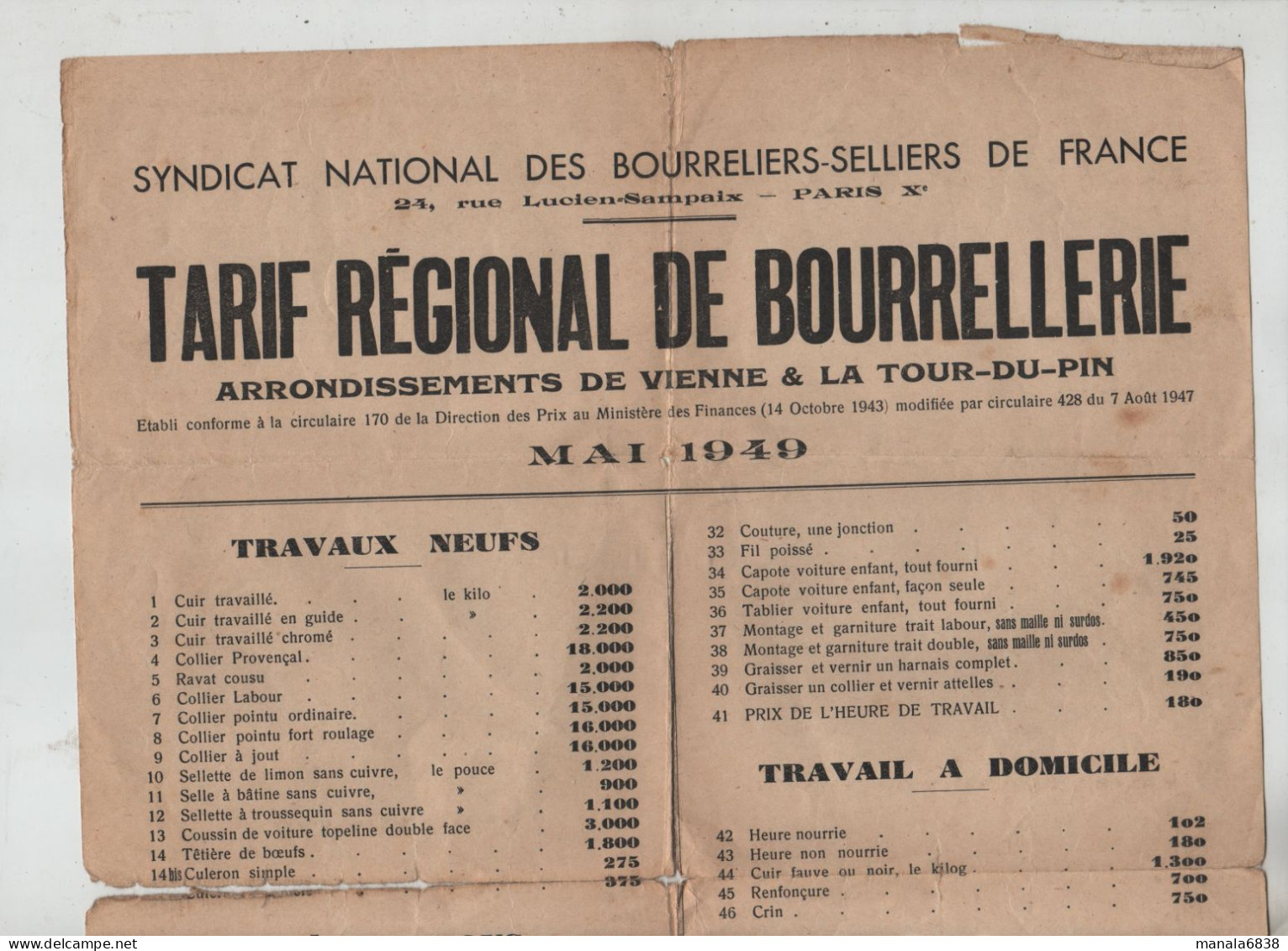 Tarif Régional De Bourrellerie Vienne La Tour Du Pin 1949 Syndicat National Des Bourreliers Selliers De France - Posters