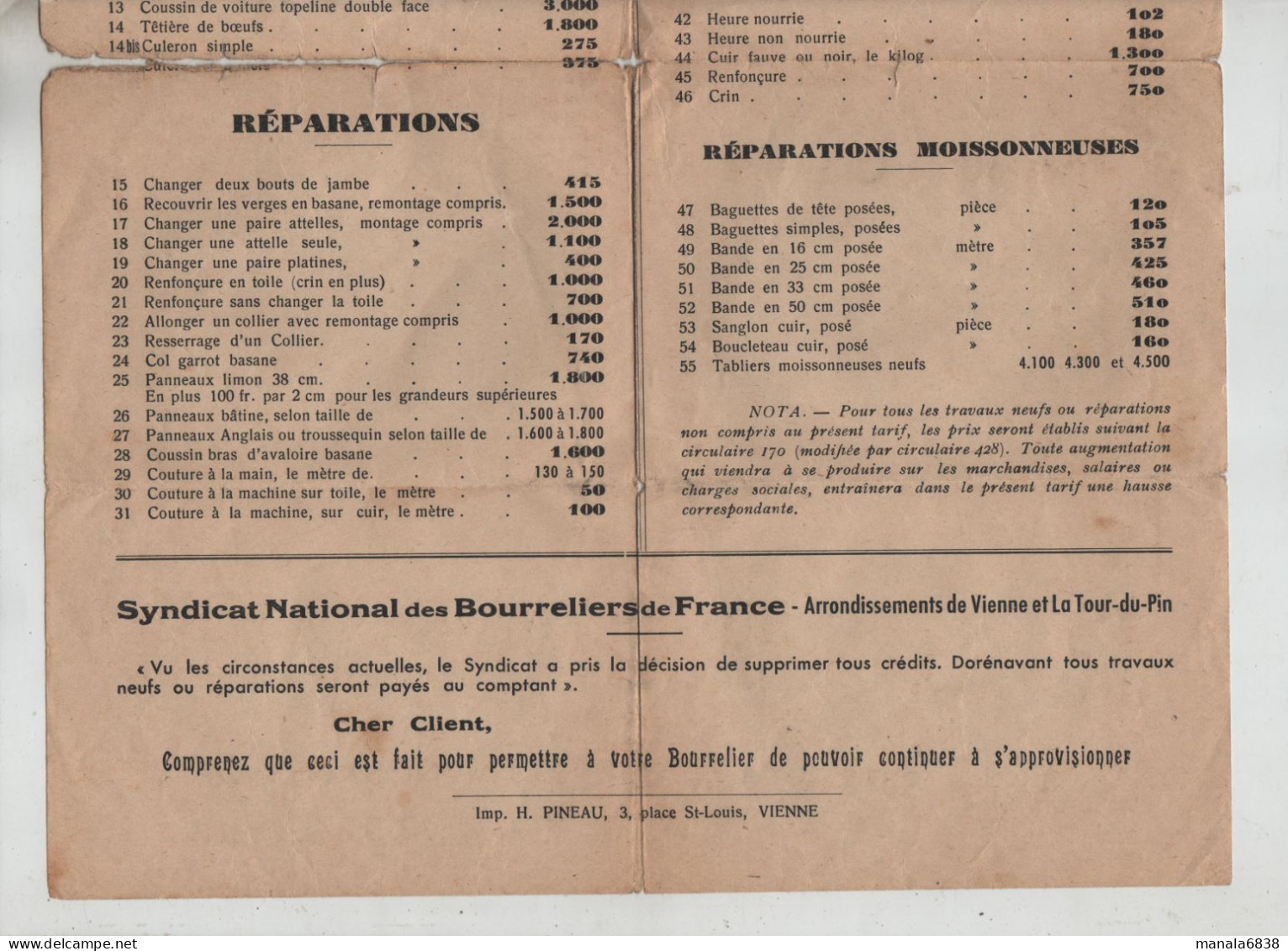 Tarif Régional De Bourrellerie Vienne La Tour Du Pin 1949 Syndicat National Des Bourreliers Selliers De France - Manifesti