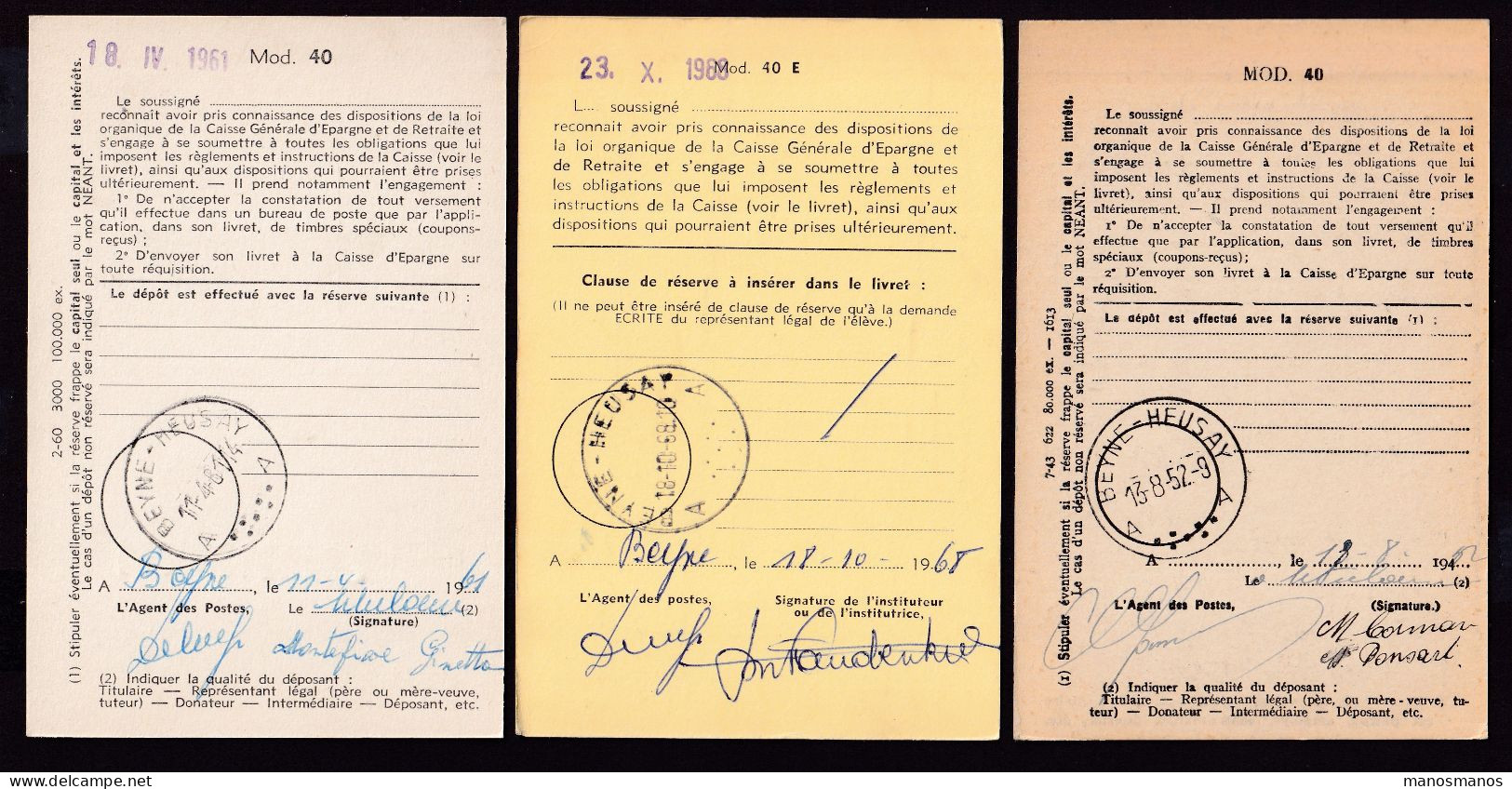 DDFF 552 -- BEYNE-HEUSAY - 3 X Carte De Caisse D'Epargne Postale/Postspaarkaskaart 1952/1968 - 2 X Grande Griffe - Franchise